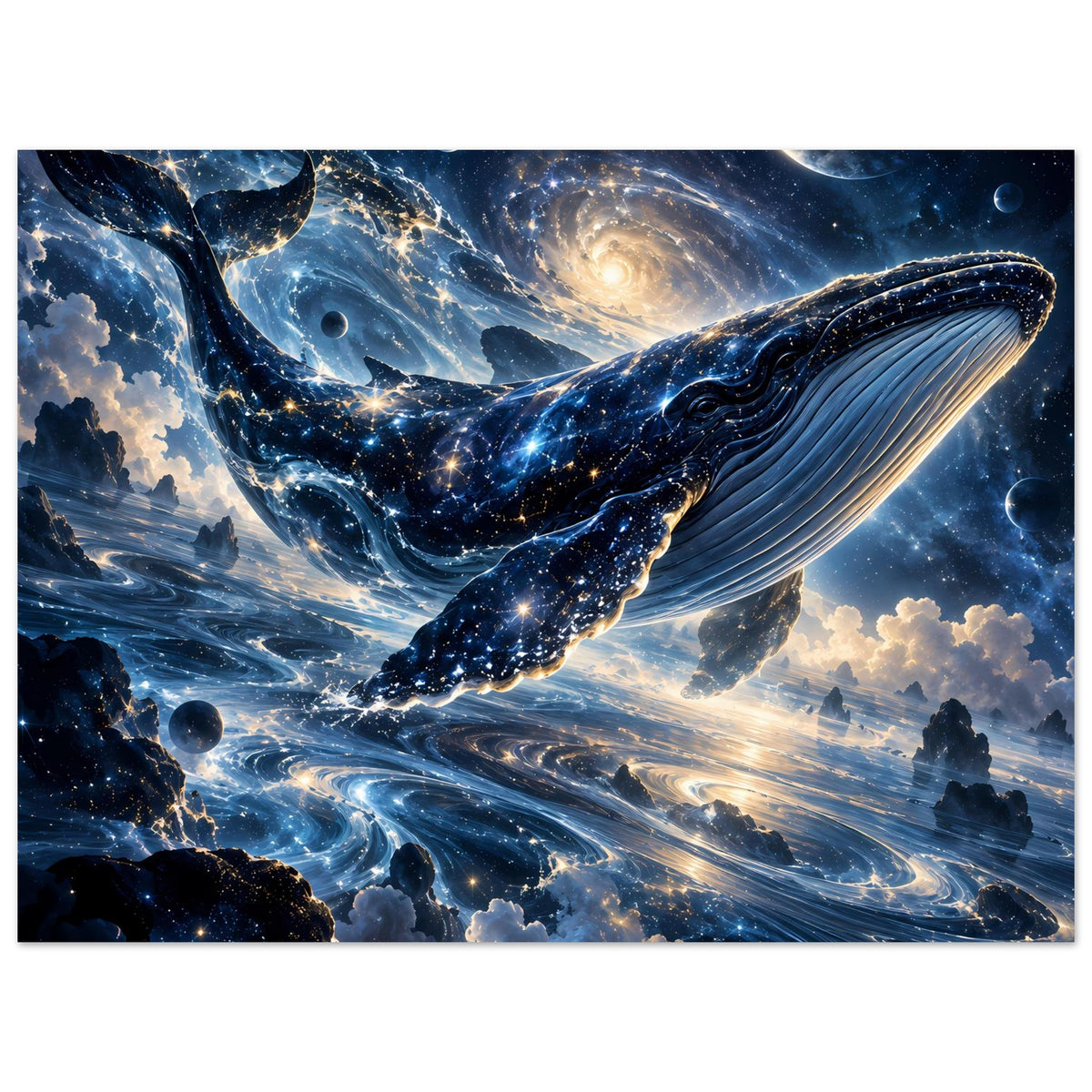 Kosmisches Fantasy-Poster mit galaktischem Wal, großer Flosse und Planetenscheibe im Hintergrund.