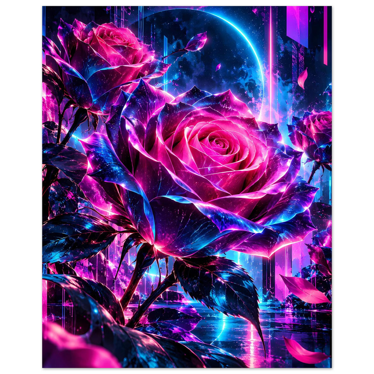 Kunstposter mit Neonrosen in Pink und Blau, abstrakte Lichteffekte, hochkant