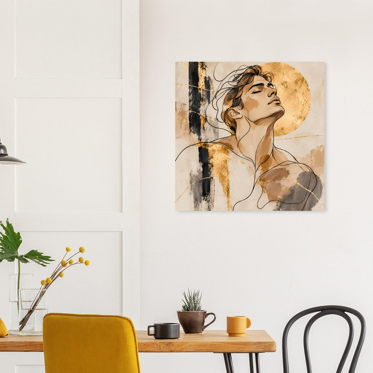 Portraitposter mit abstraktem Frauengesicht, warmes Beige, schwarze Striche und Umrisse