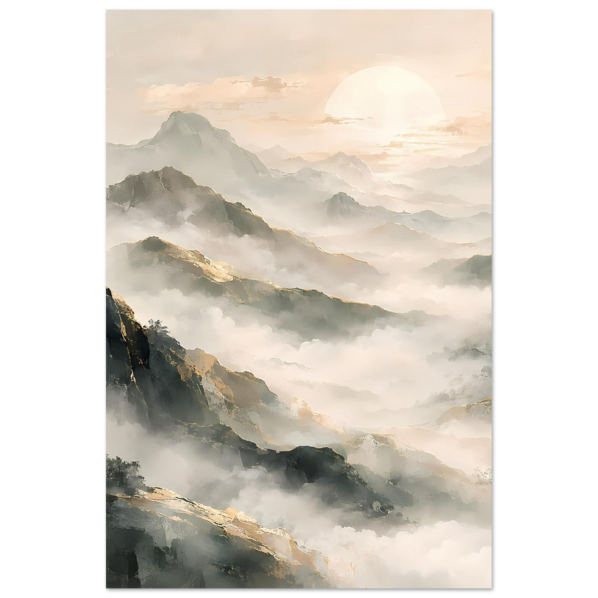 Vertikales Poster mit Bergpanorama, nebligen Tälern und sanftem Sonnenaufgang in Naturtönen
