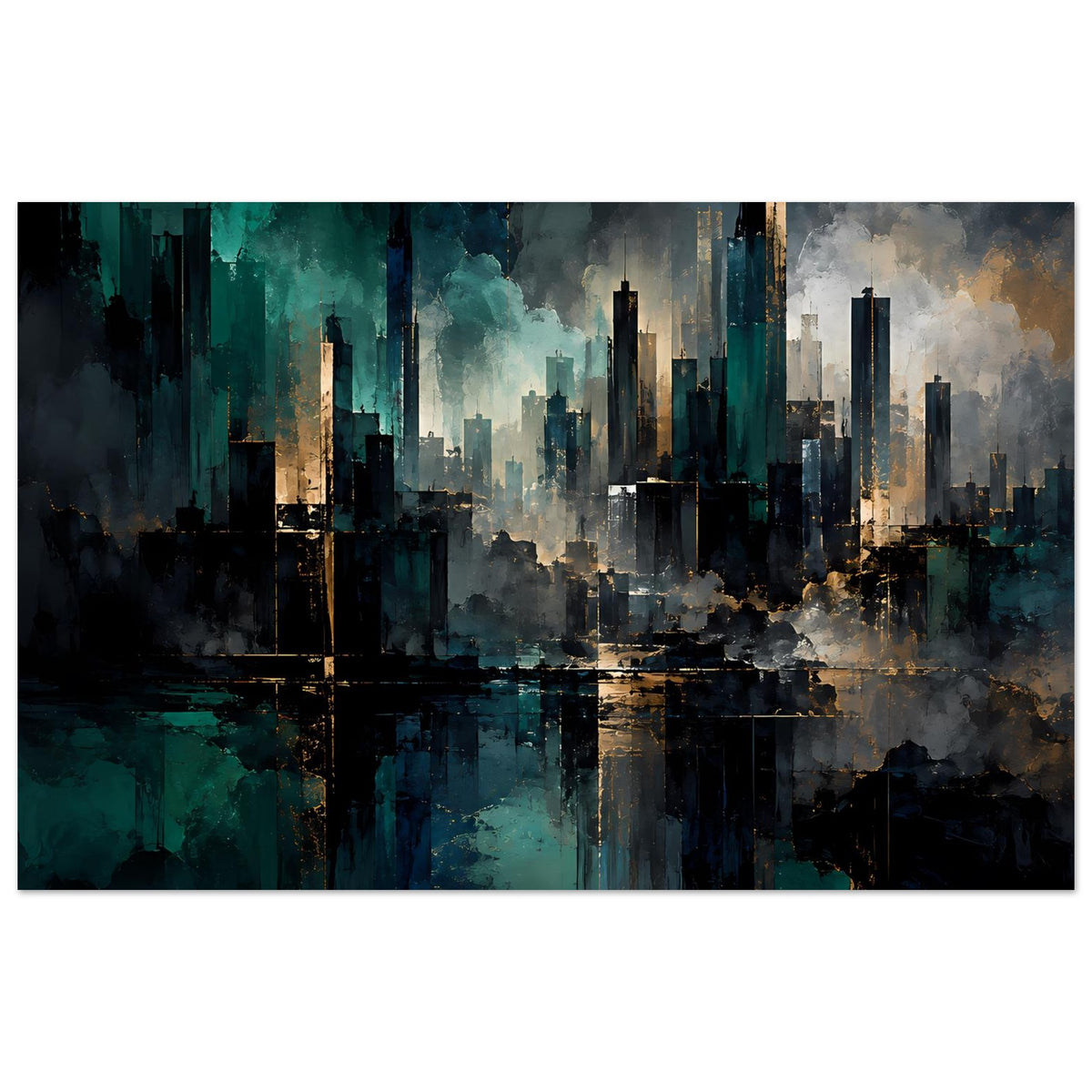 Abstraktes Stadtposter (Querformat) mit Skyline, türkis-blauen Flächen, goldenen Lichtstreifen