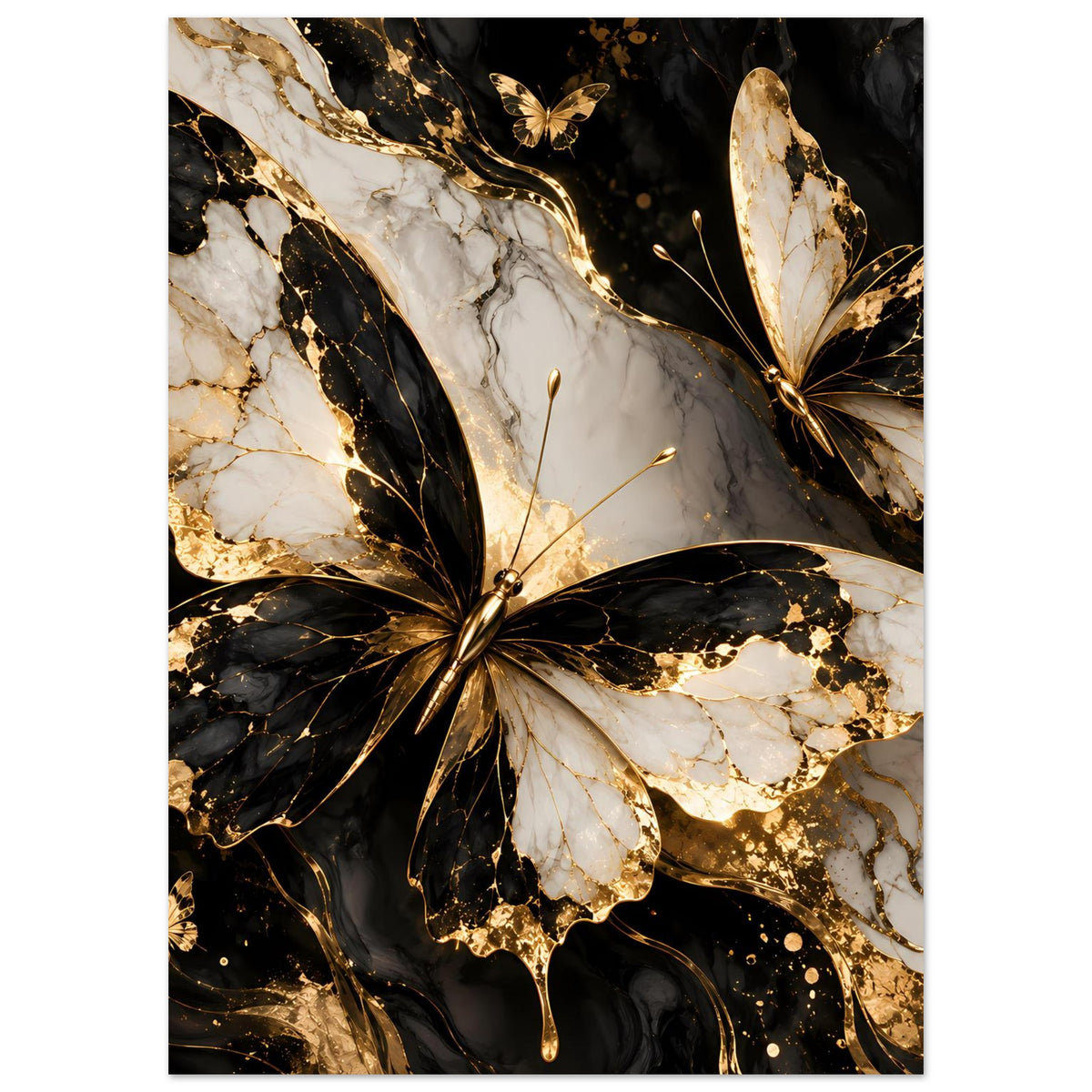 Schmetterlingsposter im Hochformat mit Goldsprenkeln, schwarzen Konturen und weißem Marmor
