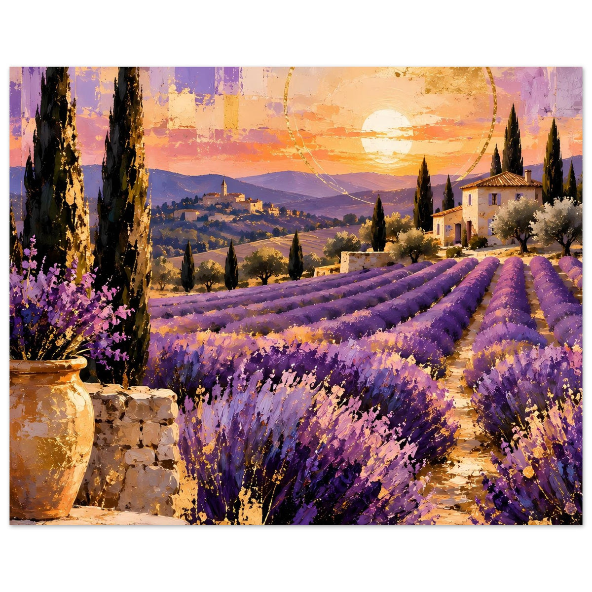 Poster mit Lavendelfeldern, goldener Sonne und Flaschen sowie Steinen links im Bild
