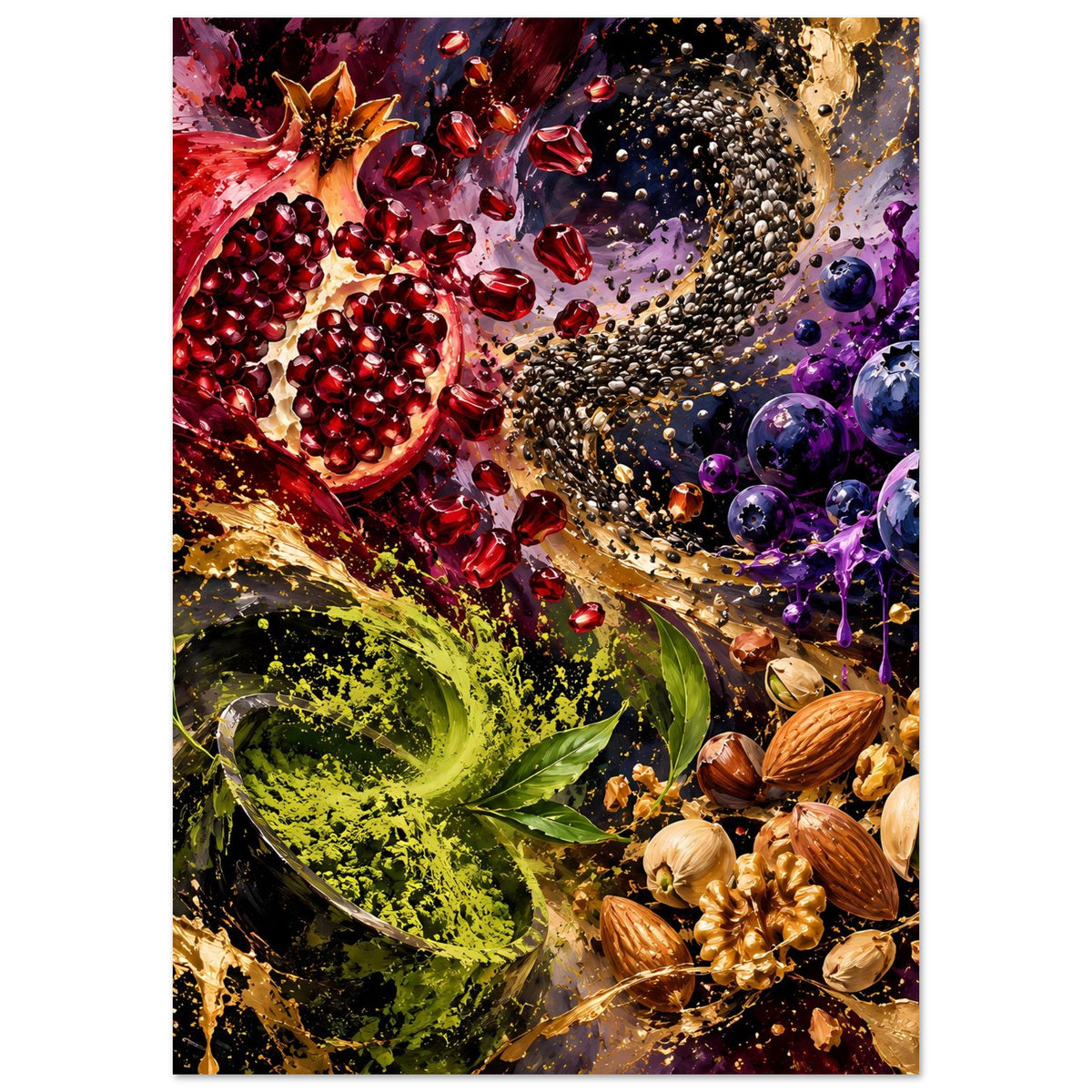 Vertikales Poster mit Granatapfel, grüner Blattspirale, violetten Beeren und Nussmix