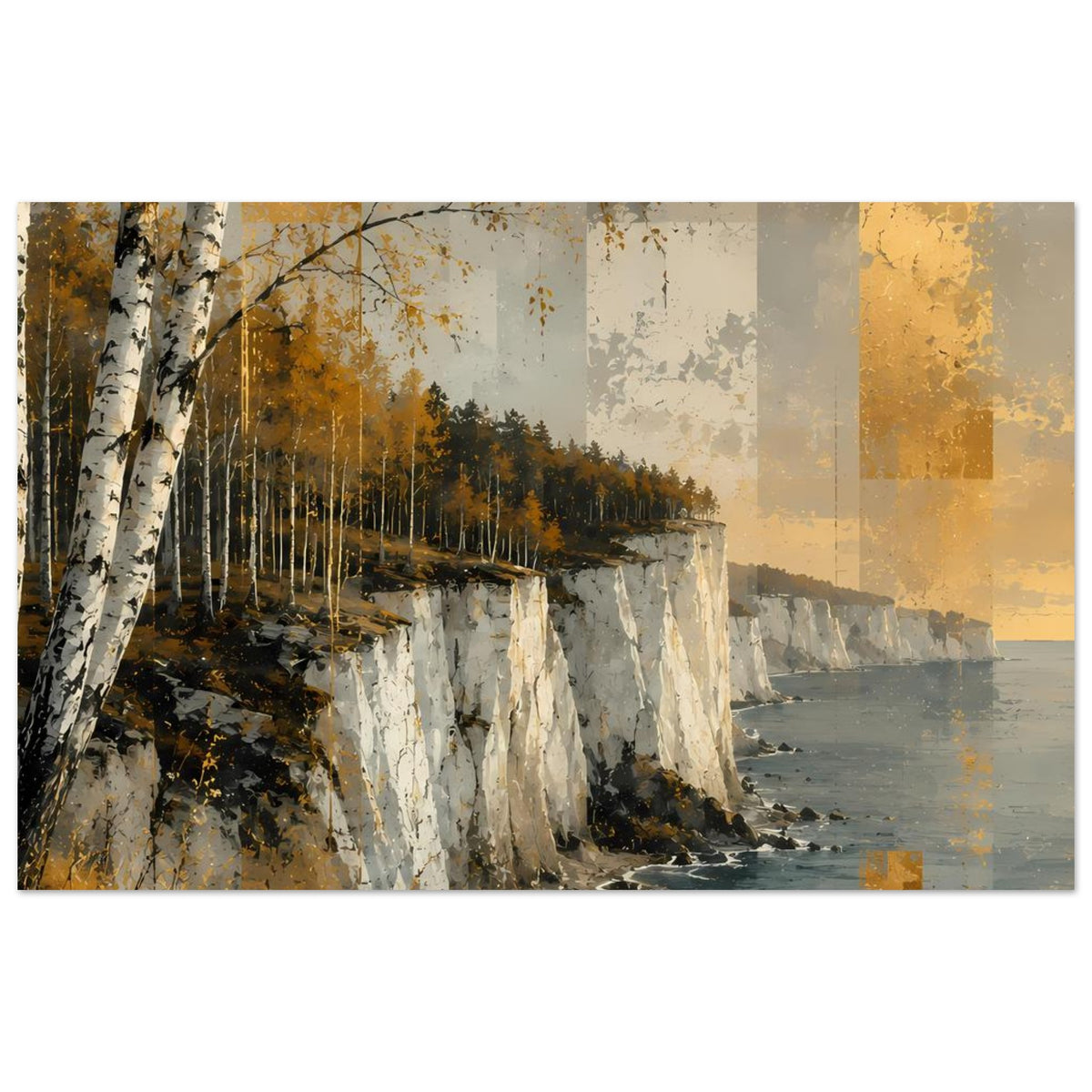 Poster, horizontales Motiv: Felsklippen mit Birken, goldene Akzente über dem Meer
