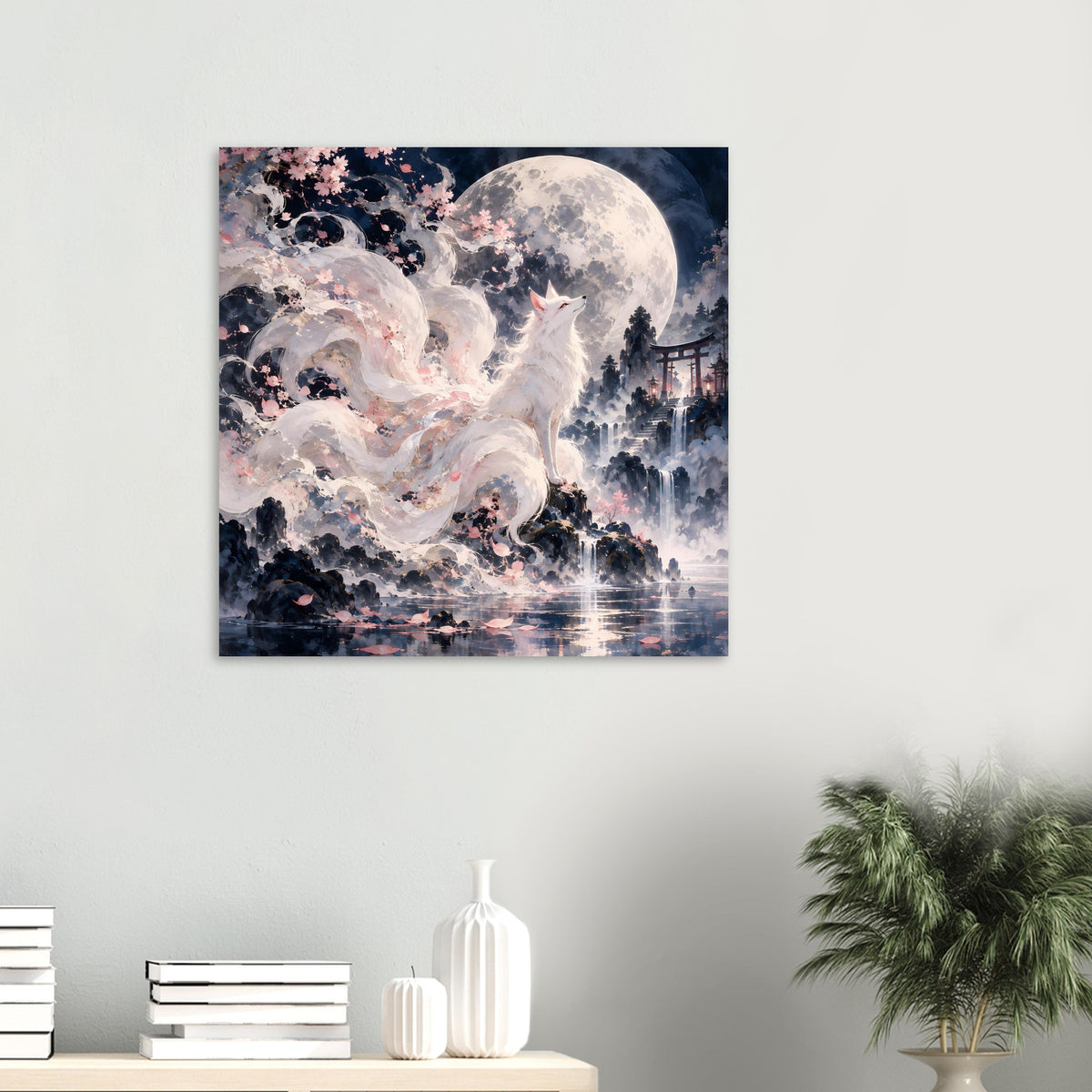 Fantasy-Poster mit weißem Fuchs, Vollmond und Kirschblüten über düsterem Tal