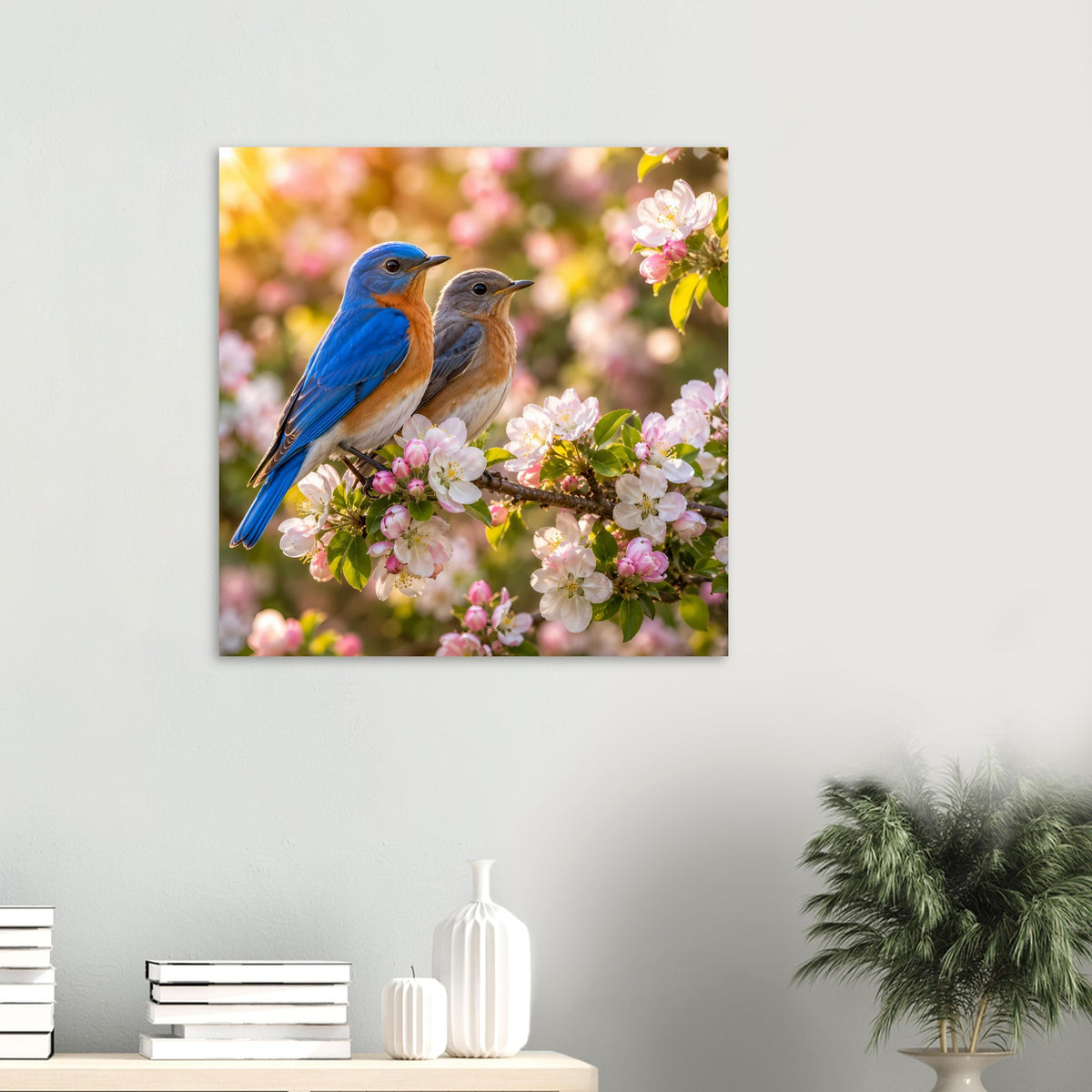 Quadratisches Wandposter mit zwei blauen Vögeln auf blühendem Ast