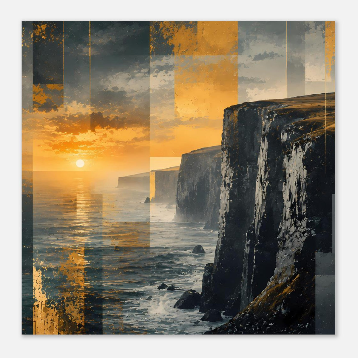 Quadrat/fast quadratisches Poster mit Sonnenuntergang über dem Meer und Felsklippen rechts