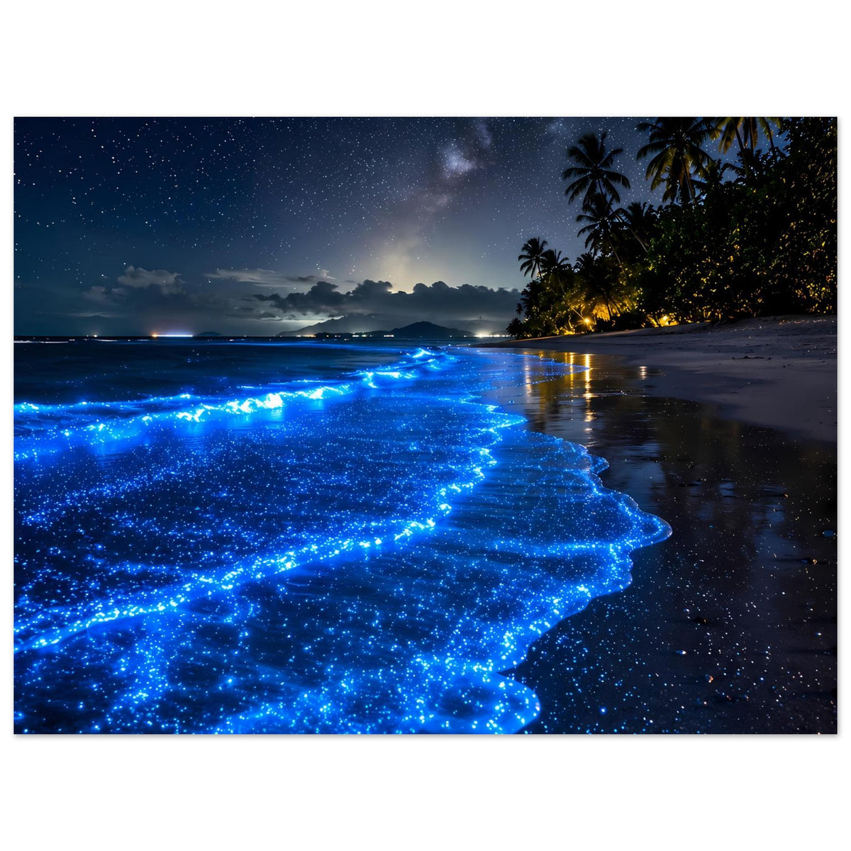 Poster mit blau leuchtender Wasserlinie am Strand, Palmen und Nachthimmel