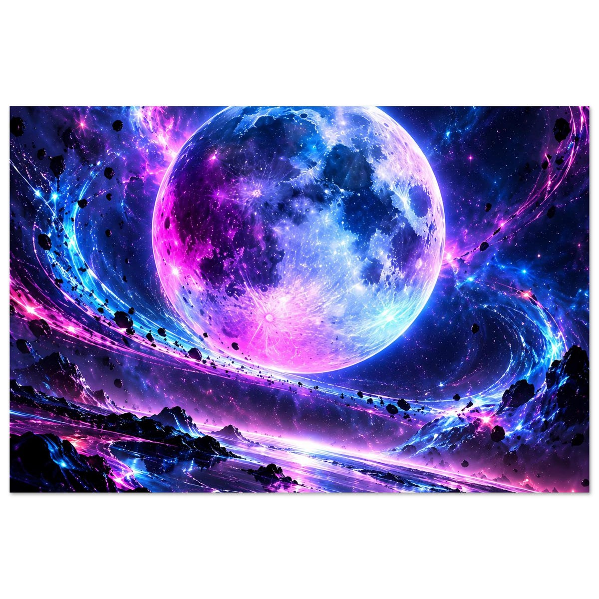 Horizontales Poster: blau-violette Planetkugel, viele Sterne und leuchtende Bahnen