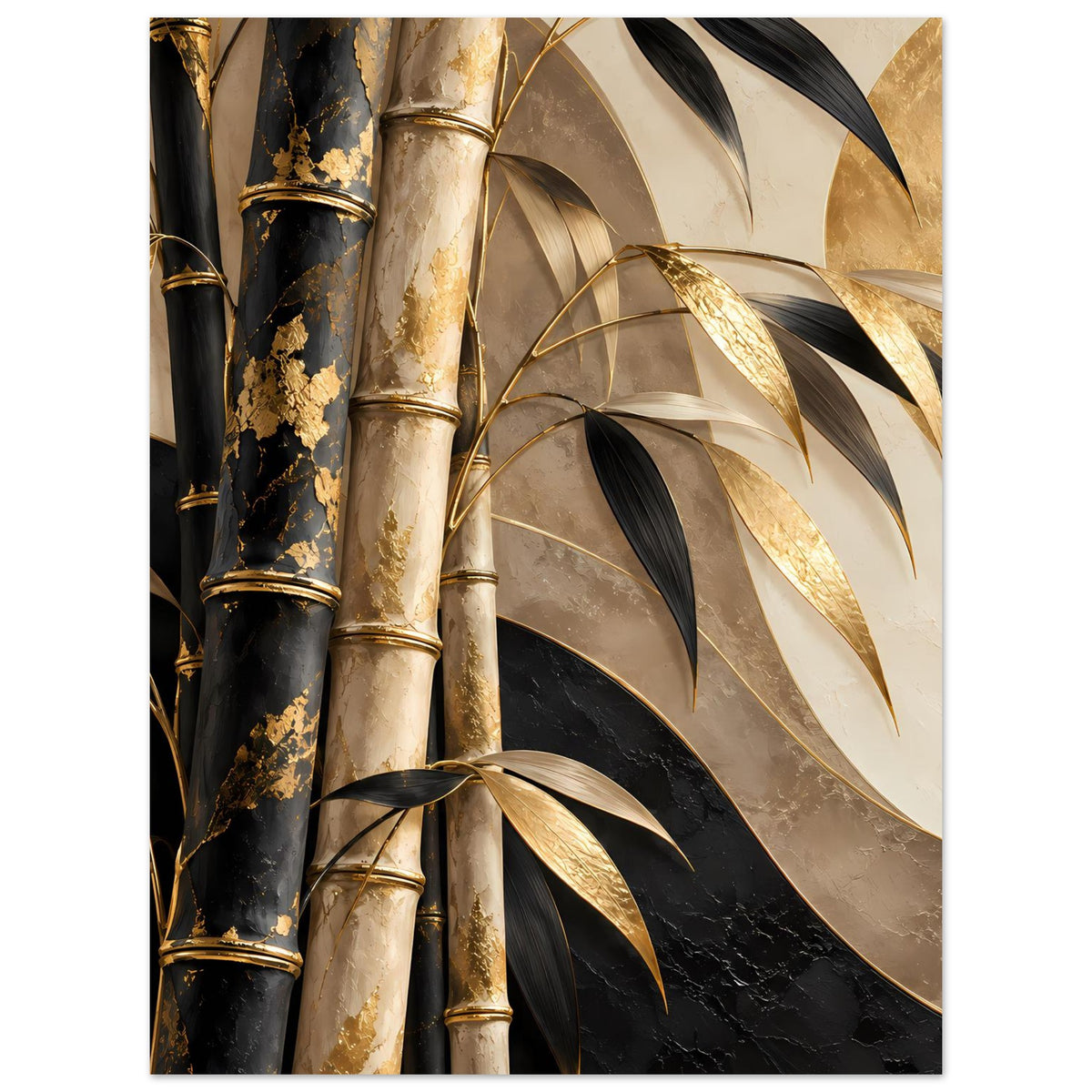 Bambusposter mit schwarzen und goldenen Bambusstangen, schwarzen Blättern und feinen Goldspuren
