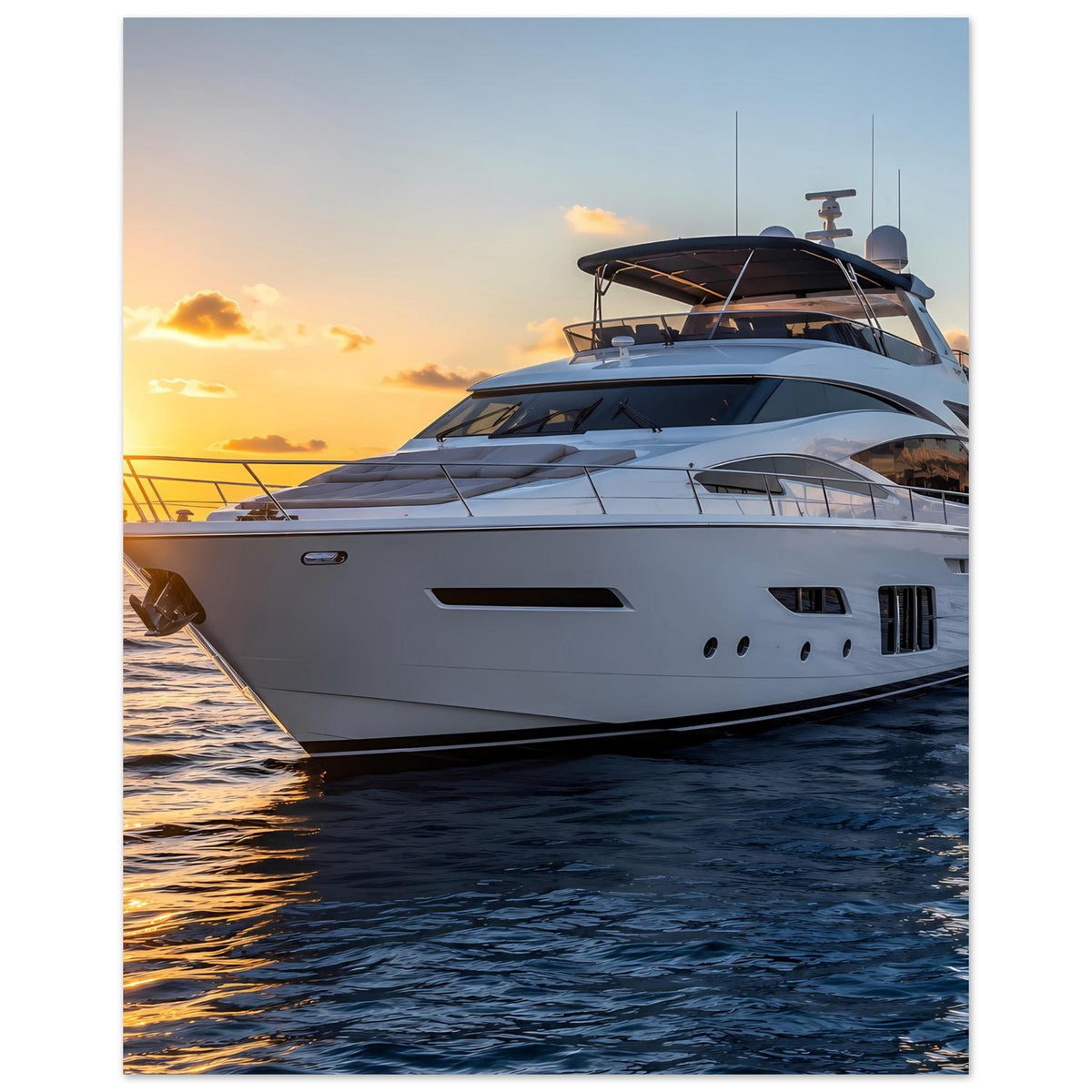 Poster im Hochformat: weiße Yacht mit Fenstern und Reling, Sonnenuntergang