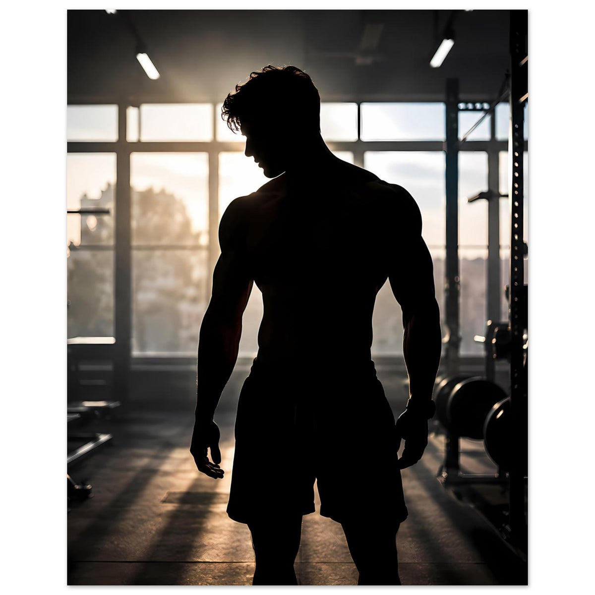 Fitness-Poster: dunkle Silhouette eines muskulösen Mannes, mehr Kopf- und Schulterbereich