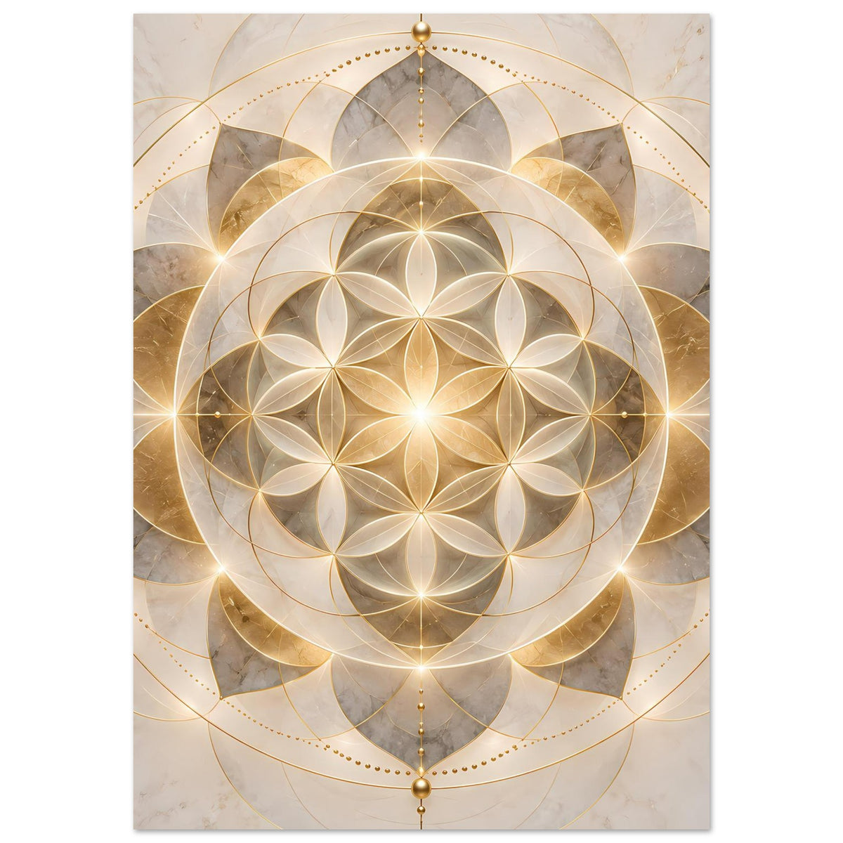 Goldenes Mandala-Poster mit symmetrischem Ornamentkranz, goldenen Strahlen und Ringen