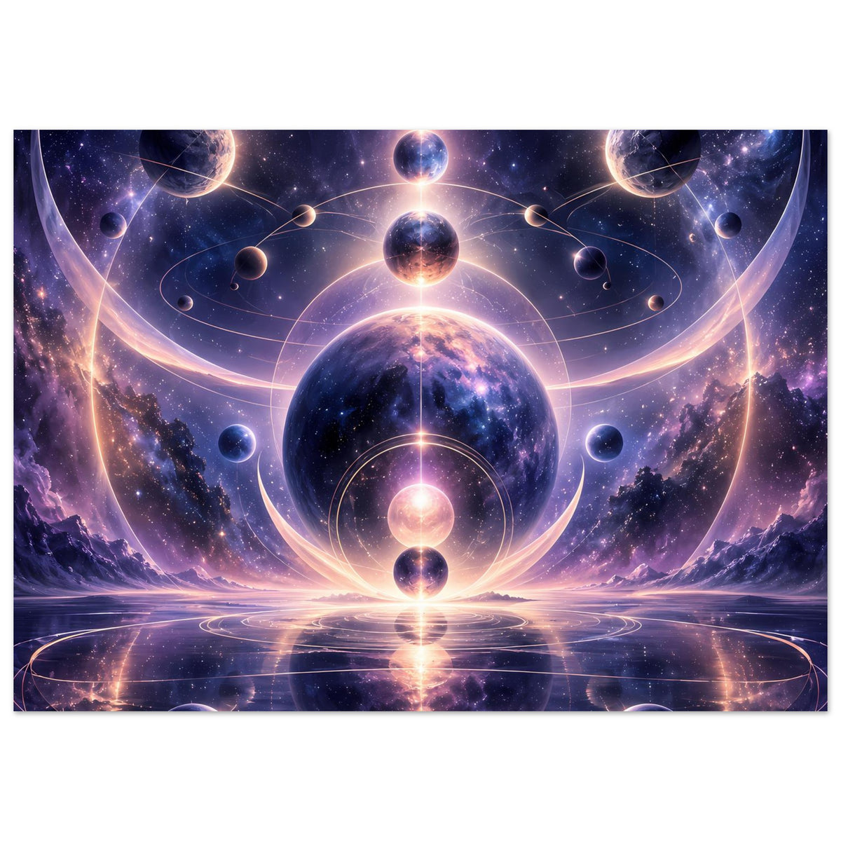 Horizontales Poster mit kosmischer Komposition: große Kugelplanet, Ringe und Reflexion