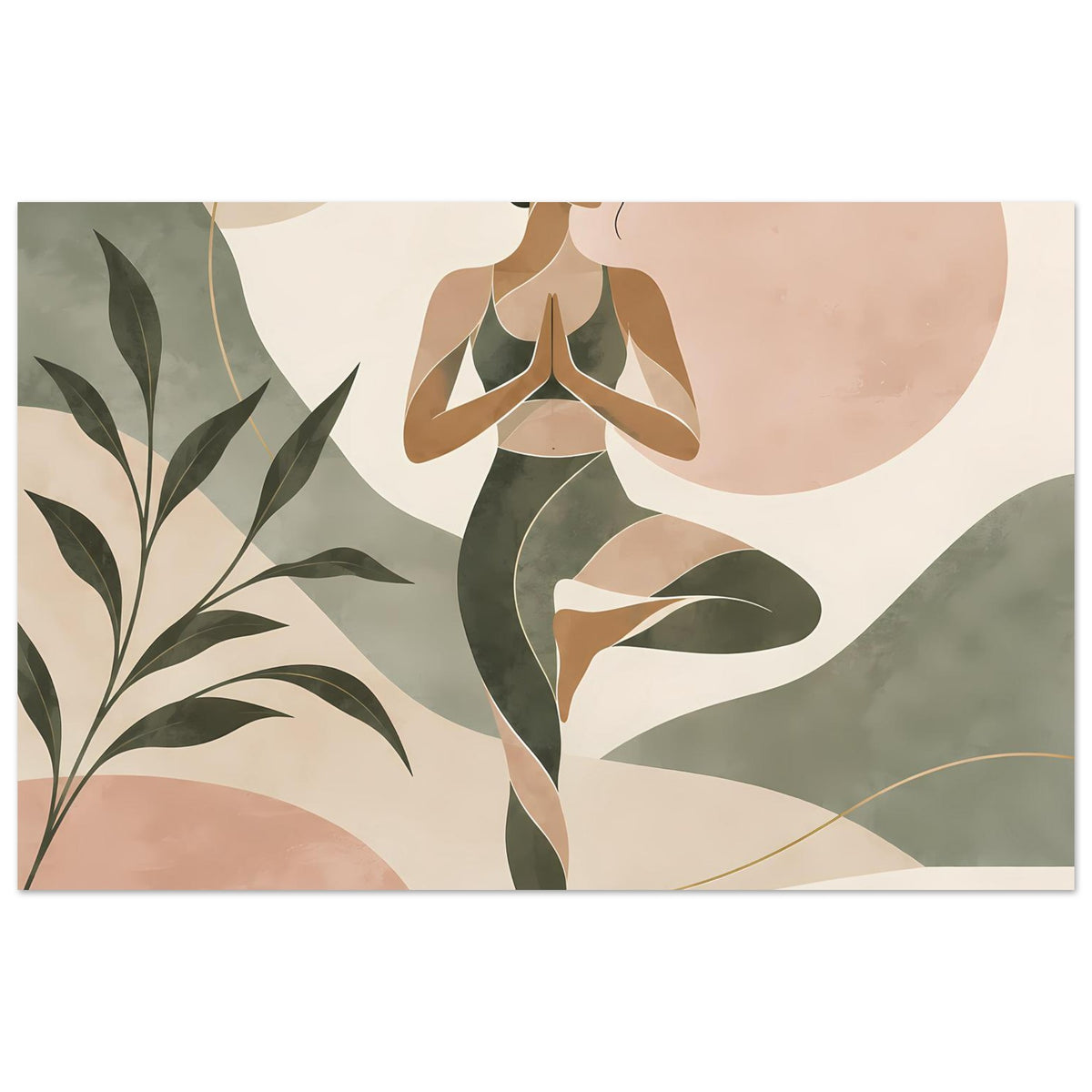 Zen-Balance-Poster mit abstrakter Yoga-Figur in Salbeigrün und Rosé
