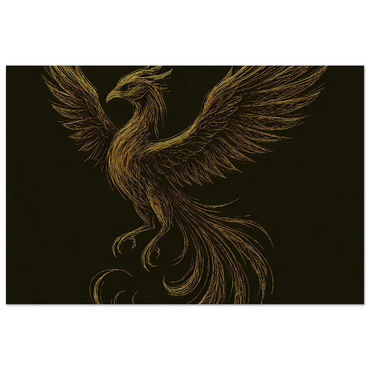 Poster-Ausschnitt: goldener Phönix mit ausgebreiteten Flügeln und geschwungenem Gefieder