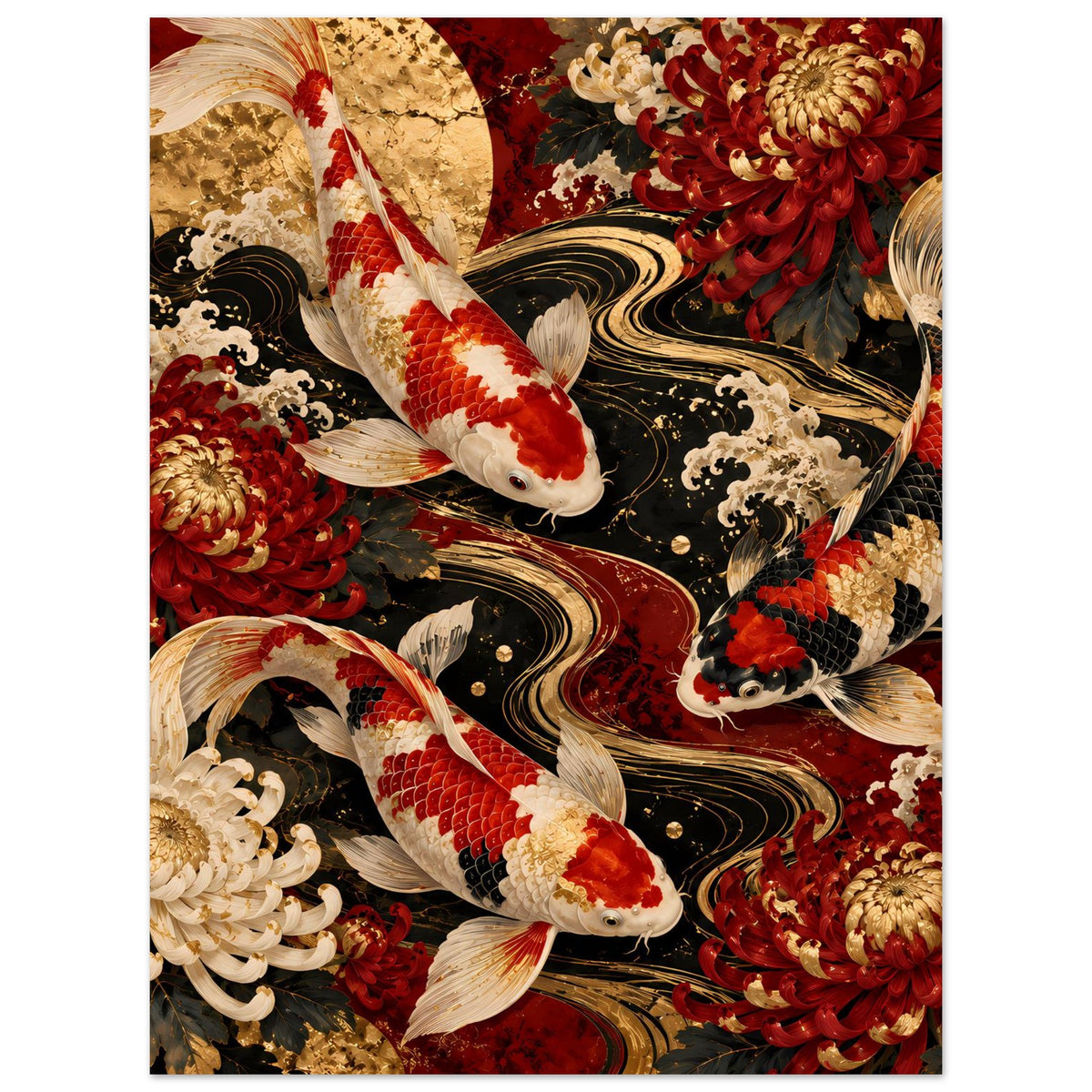Koi-Karpfen Poster mit goldroten Blumen, Wellenmuster und mehreren Fischen im Bild