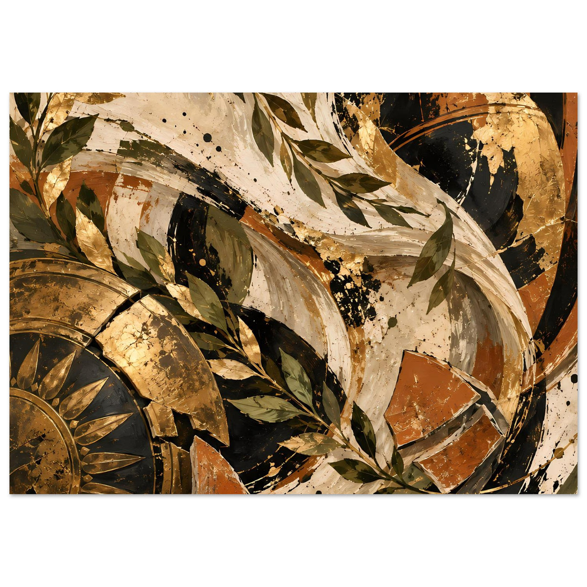 Vintage-Poster im Querformat mit Kreisbögen, Spritztexturen und Blattmotiv in Gold- und Ockertönen