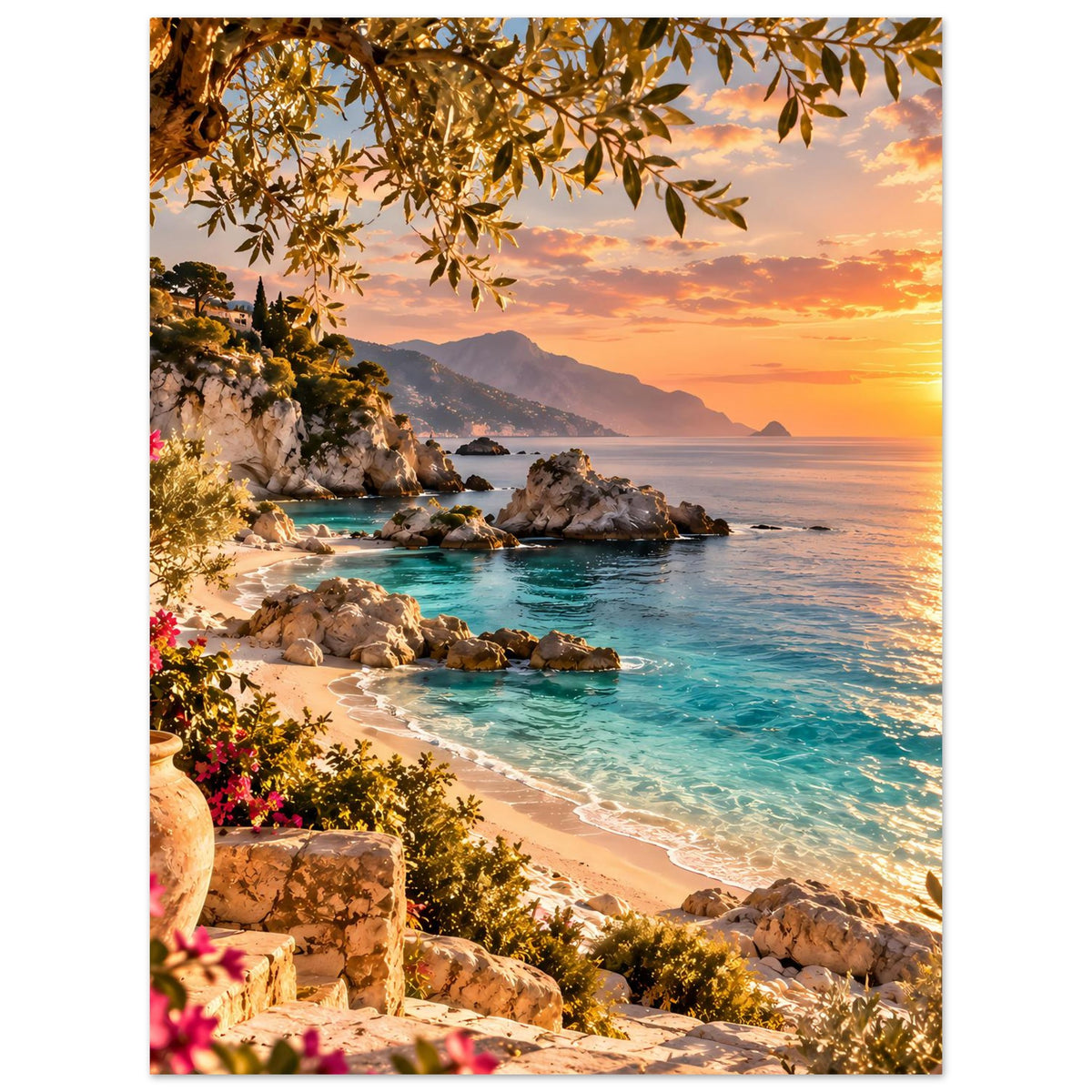 Strandposter mit Sonnenuntergang, türkisfarbenes Meer, Felsenküste und hängenden Blättern