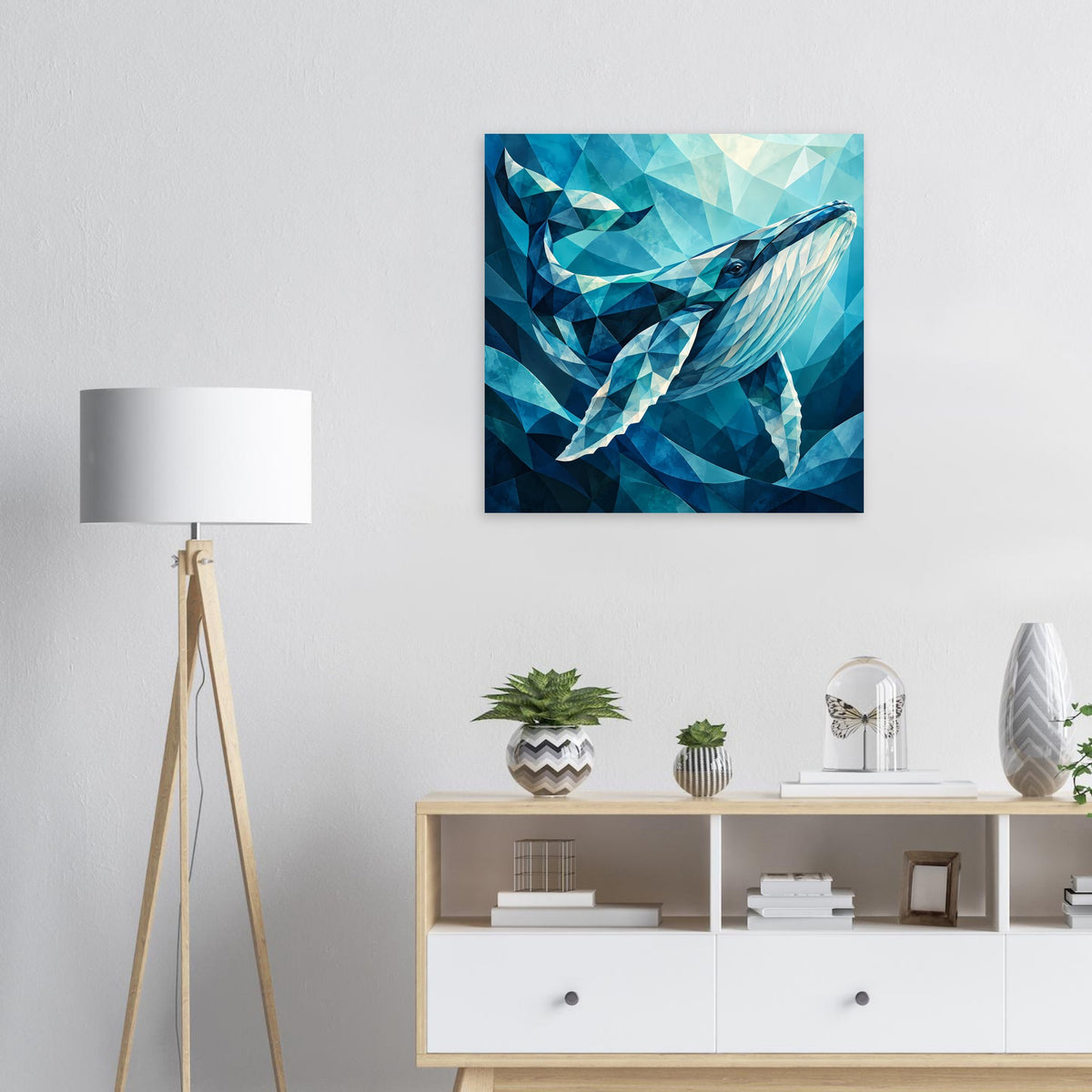 Wandposter mit geometrischem Blauwal in Blau und Aquamarin, quadratisch