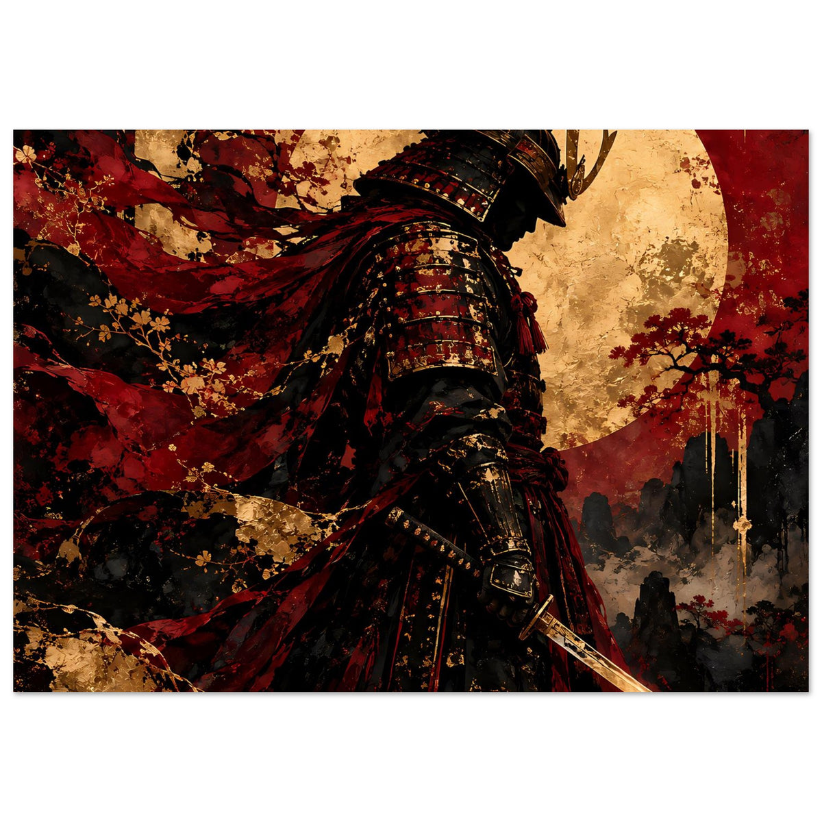 Japan-Poster: Samurai-Krieger in dunkler Rüstung mit rotem Umhang und katanaschneide