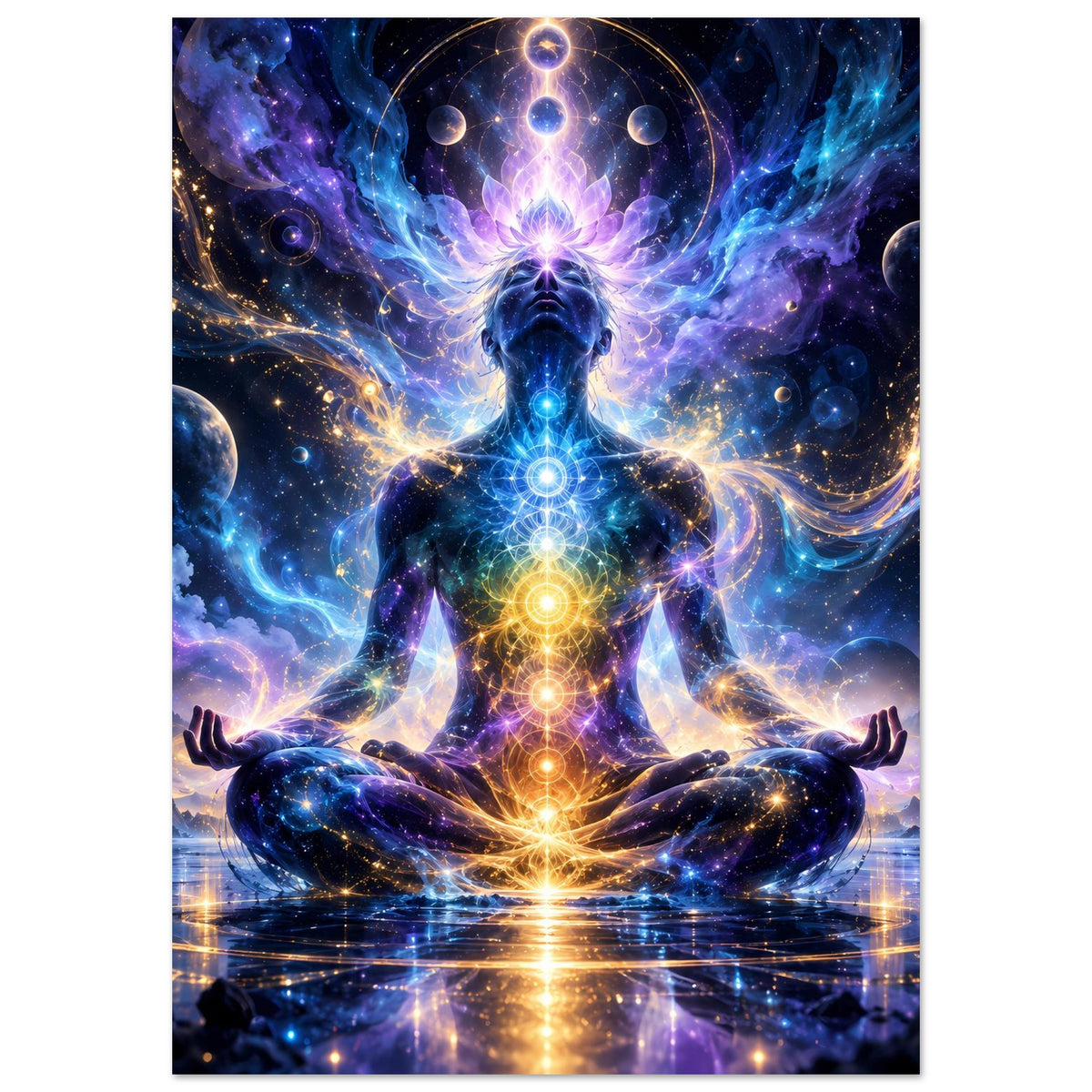 Poster im Hochformat mit meditierender Chakra-Figur, schimmernde Energiepunkte auf Brust und Bauch