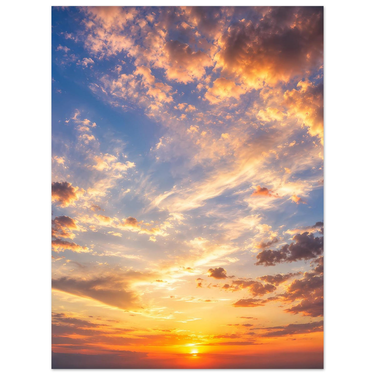 Himmels-Sonnenuntergangsposter im Hochformat, Sonne am Horizont, orangefarbener Himmel