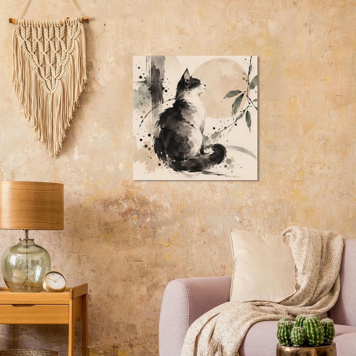 Wandposter mit schwarzer Aquarell-Katze, Kreis und blattartigen Akzenten