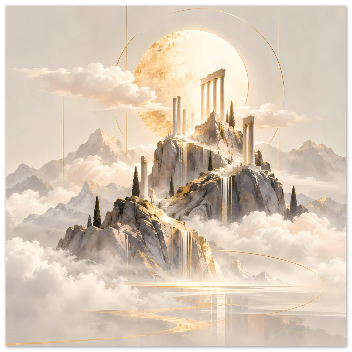Vertikales Poster mit goldenem Tempel, Felsen und Wasserfällen, dezente goldene Ornamente