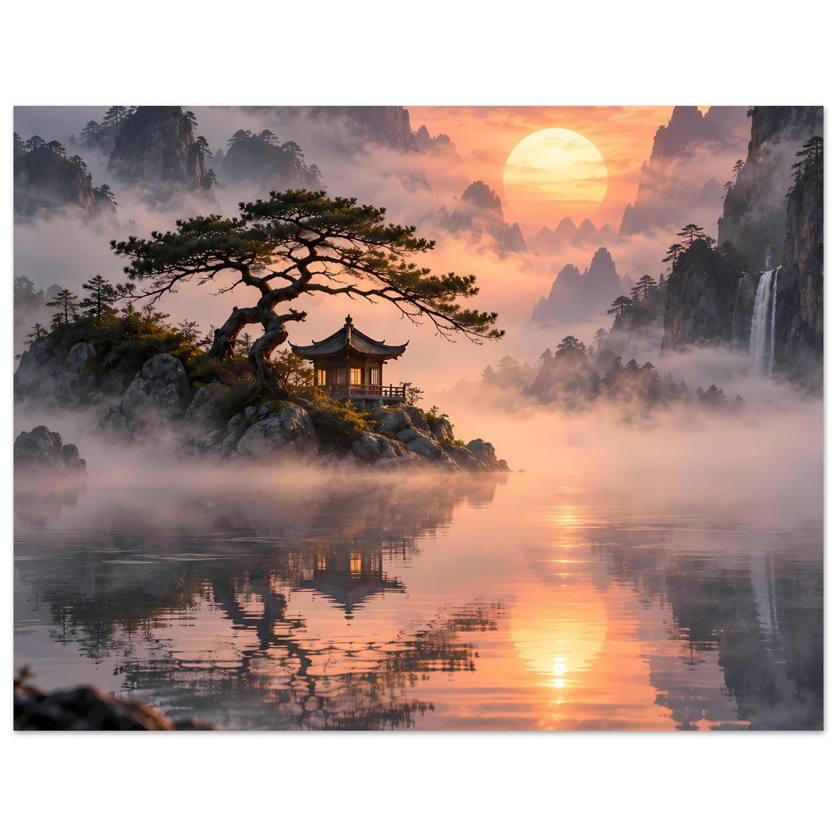 Querformatiges Poster mit Pagode, Baum und See bei Sonnenuntergang, umgeben von Bergen und Nebel