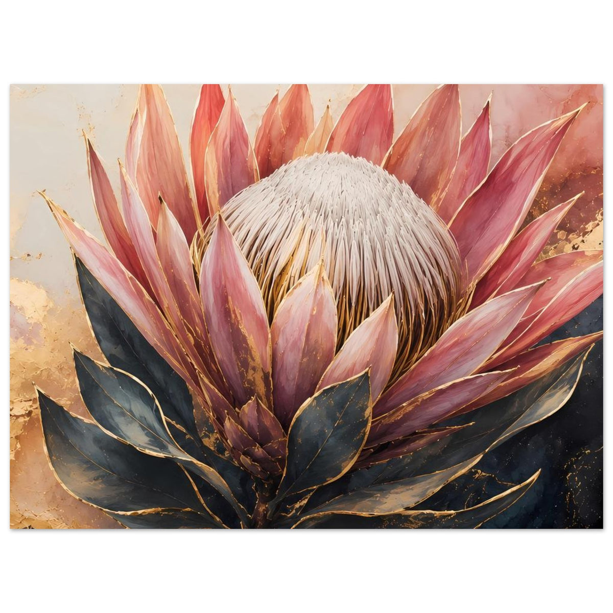 Botanisches Poster: Königsprotea in Altrosa & Gold, weißer Blütenkopf, dunkelgrünes Blattwerk