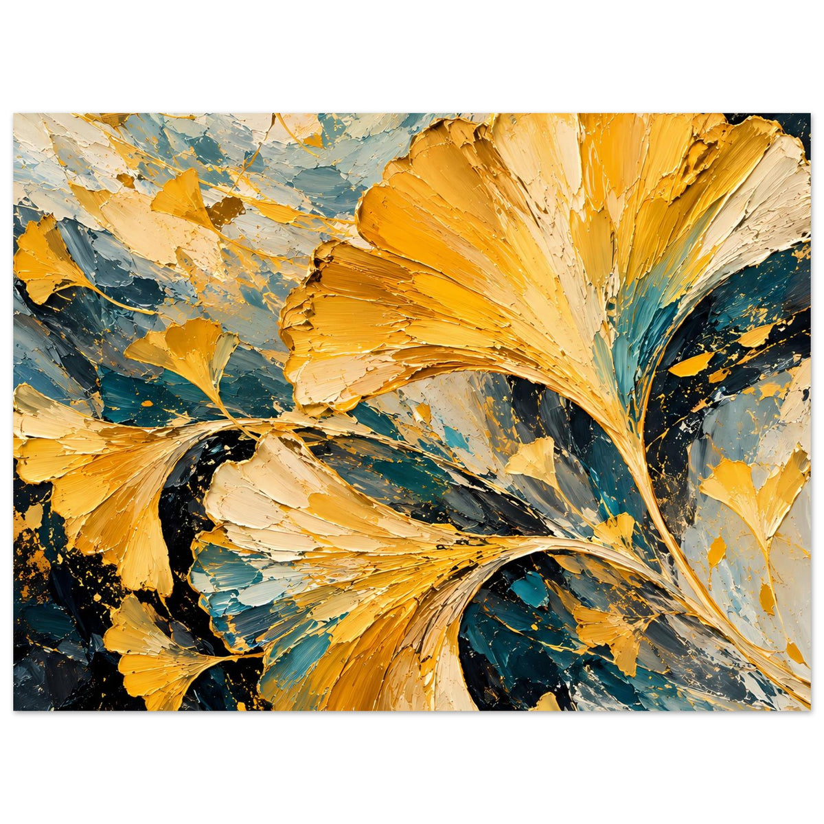 Abstraktes Ginkgo-Blätter-Poster im Querformat, goldene Blätter mit weißen und türkisen Highlights