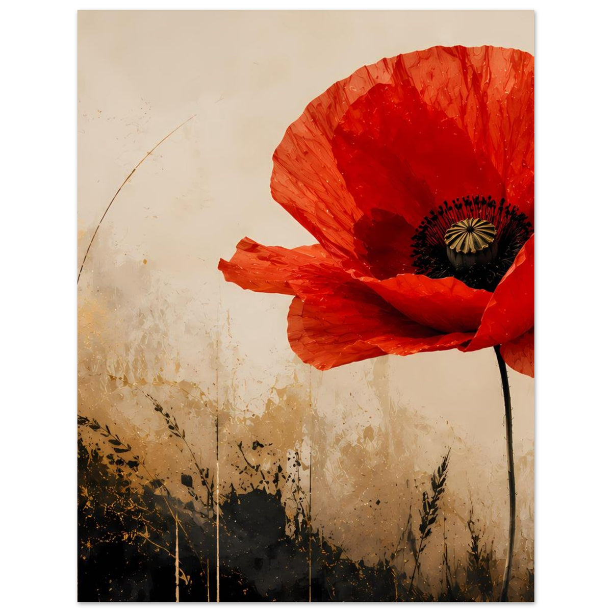 Hochformatiges Poster mit roter Mohnblume, schwarzem Blütenkern und Stiel