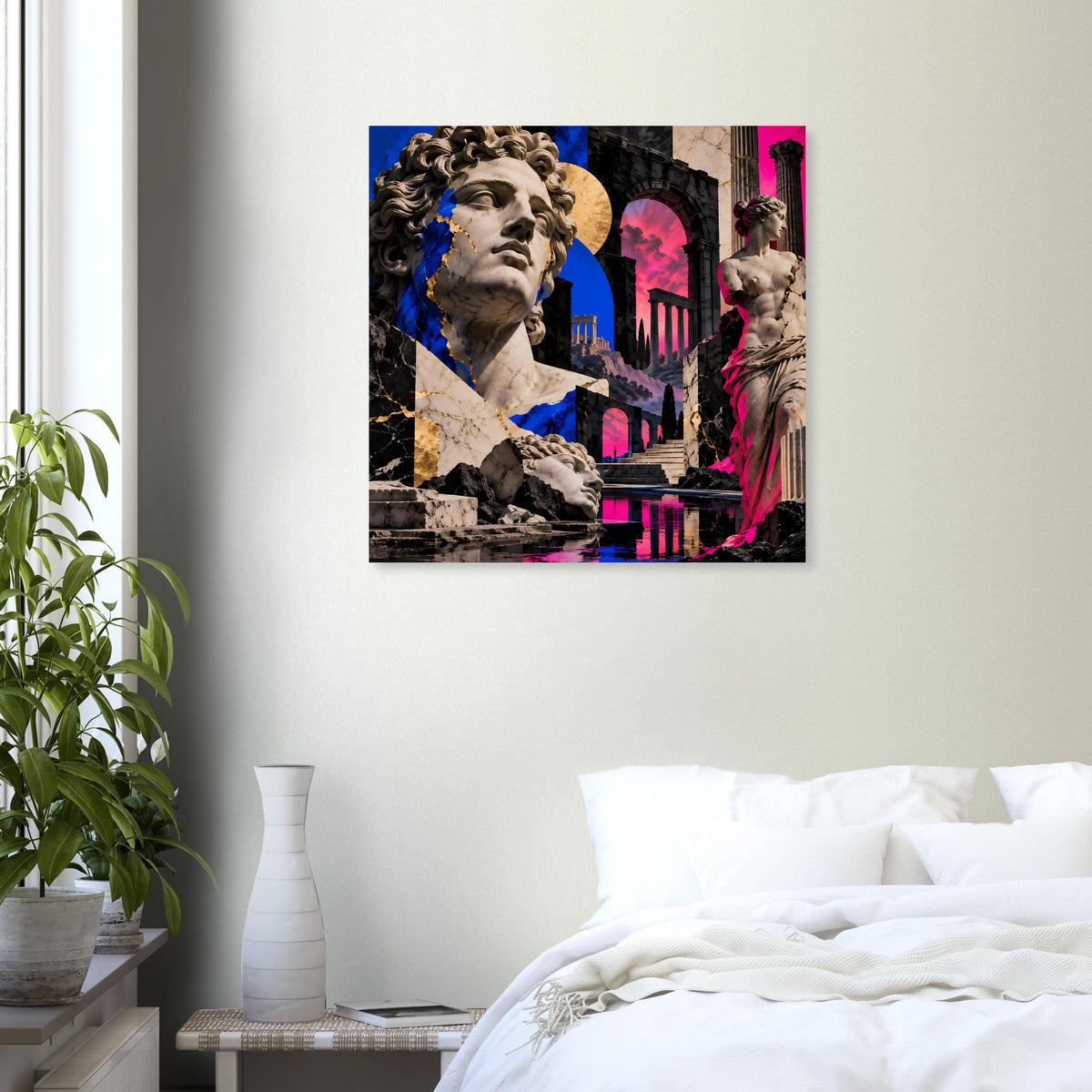 Kunstposter mit Skulpturbüste, farbige Blau- und Pinkelemente, Architektur im Hintergrund