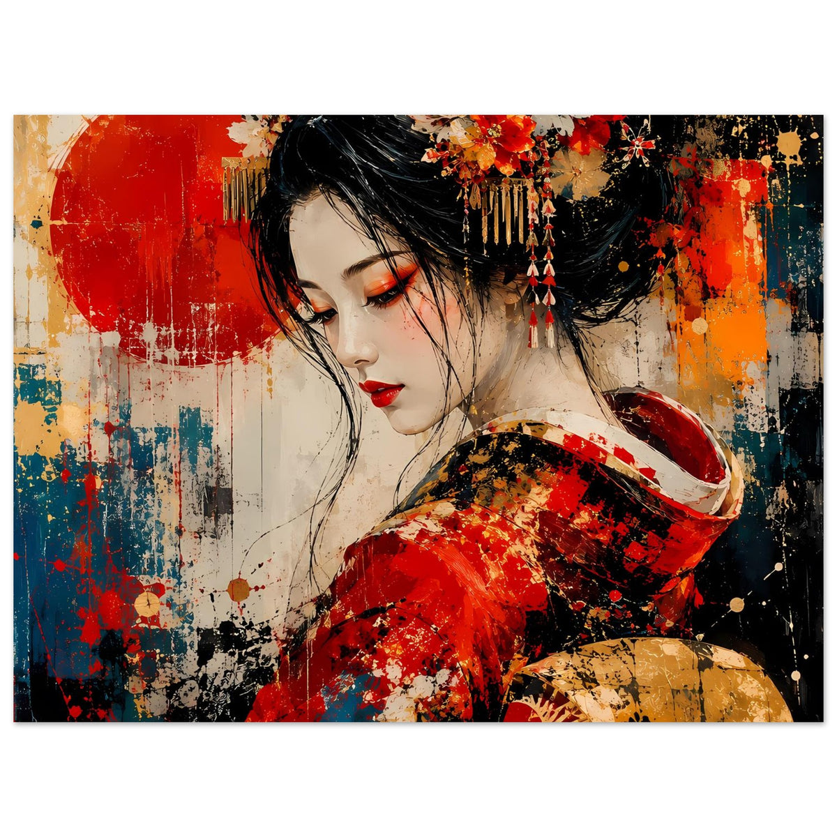 Geisha-Poster mit rotem Kimono und goldfarbenem Fächer, schwarzer Haarfrisur