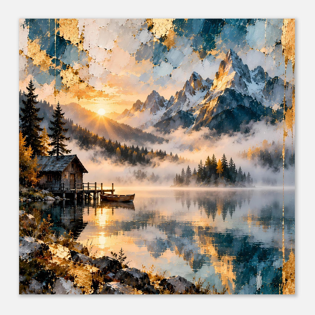 Wandposter, Nahansicht mit Sonnenaufgang, Bergspitzen, Holzsteg, Felsen und Seereflex