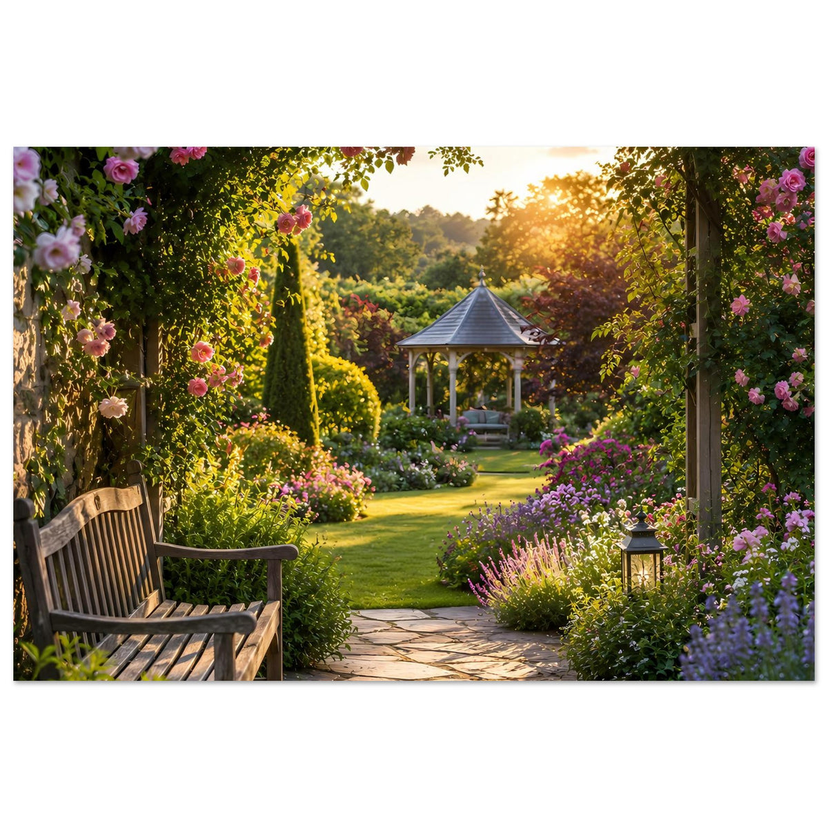 Naturposter mit Gartenweg zwischen Blumenrabatten, Holzbank links und Pavillon in der Ferne