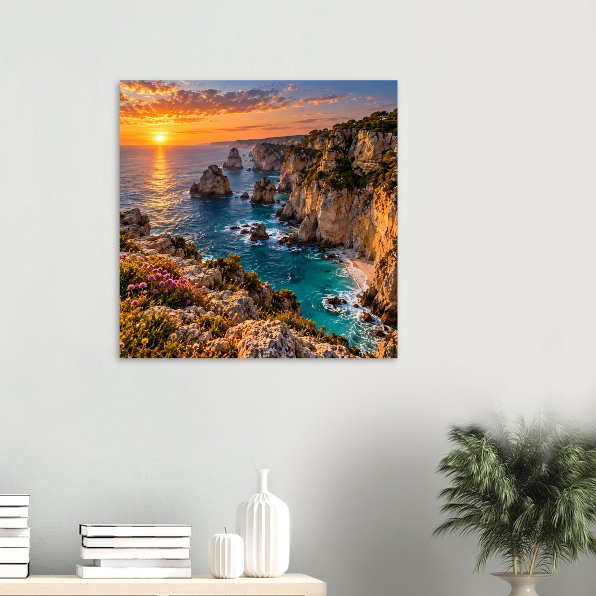 Quadratisches Küstenposter mit Sonnenuntergang über Felsklippen und türkisfarbenem Meer.
