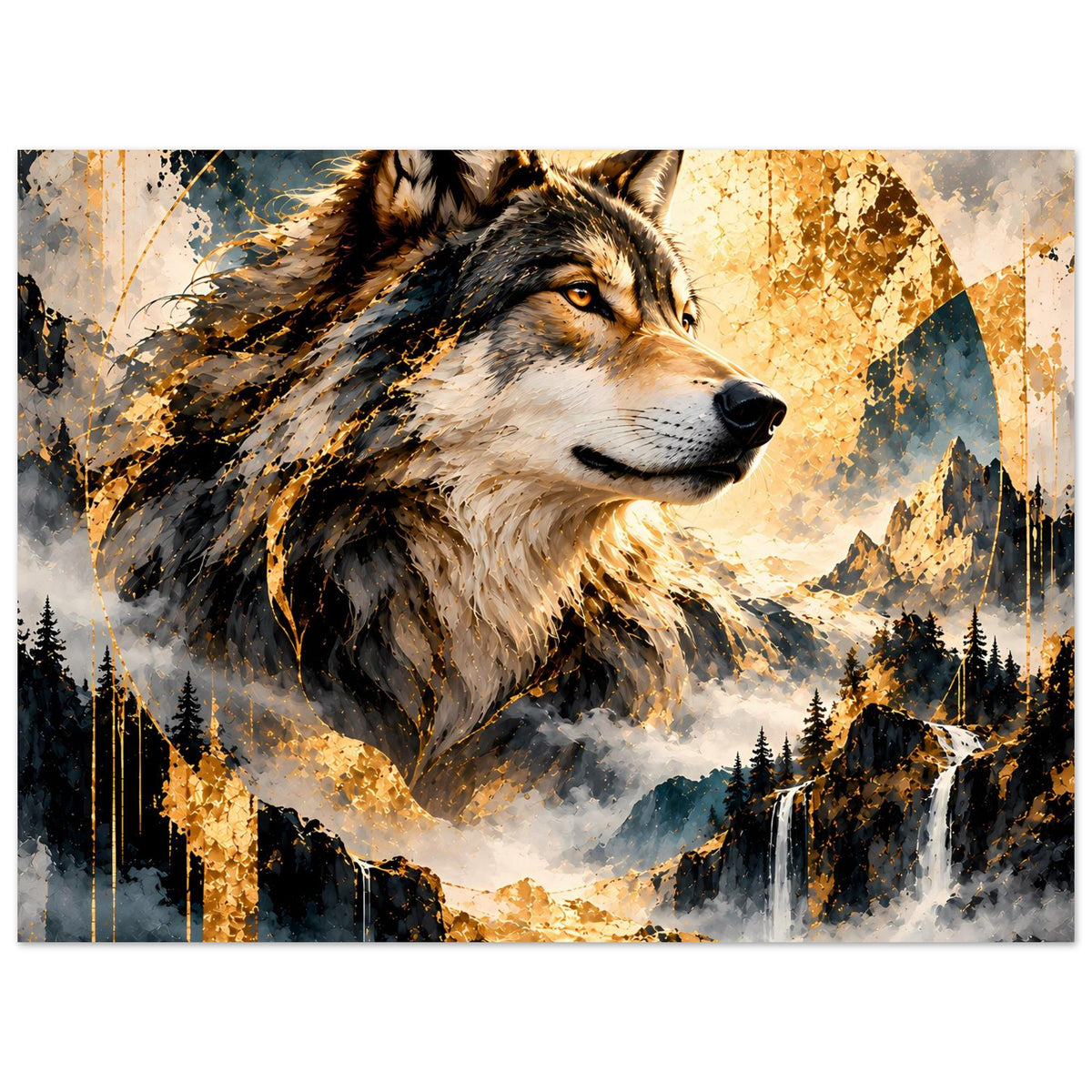 Breites Wolf-Artposter mit goldenem Sprenkel und Landschaft mit Wasserfall