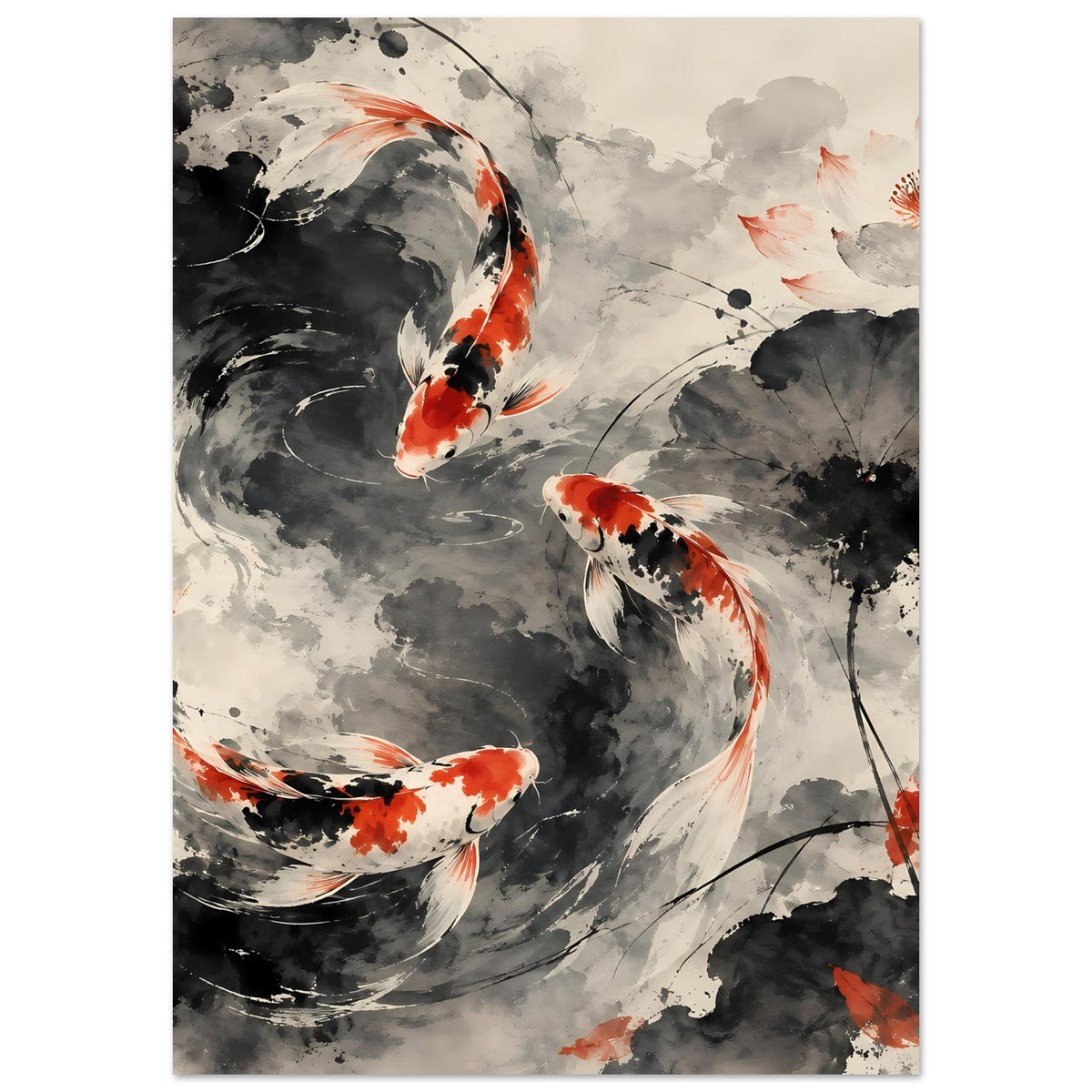 Poster mit Koi-Fischen im Tusche-Look, hochkant