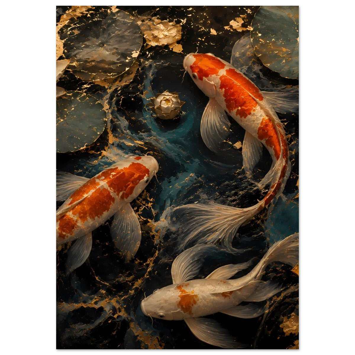 Poster mit Koi-Fischen: orange-weißer Fisch und weitere Karpfen im dunklen Wasser