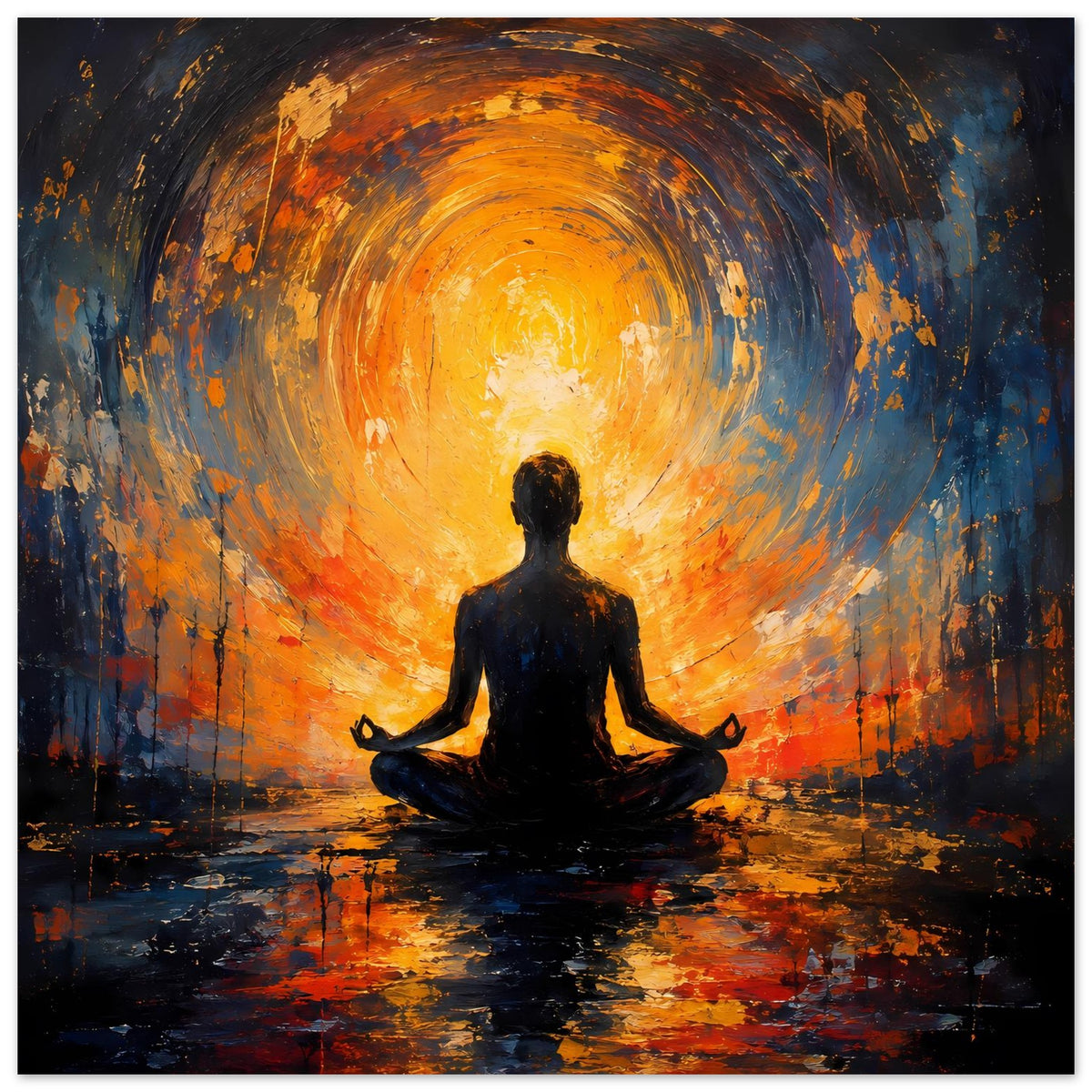 Abstraktes Poster (große Ansicht): Meditationsfigur mit orangefarbenem Sonnenkreis im Hintergrund