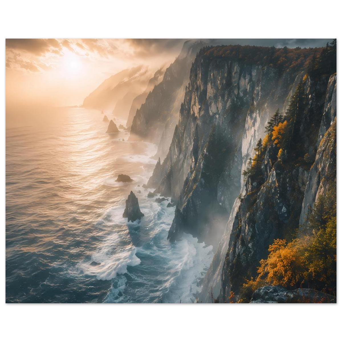 Poster im Querformat mit Blick auf Meeresklippen, Wellenlinien und warmes Abendlicht am Horizont