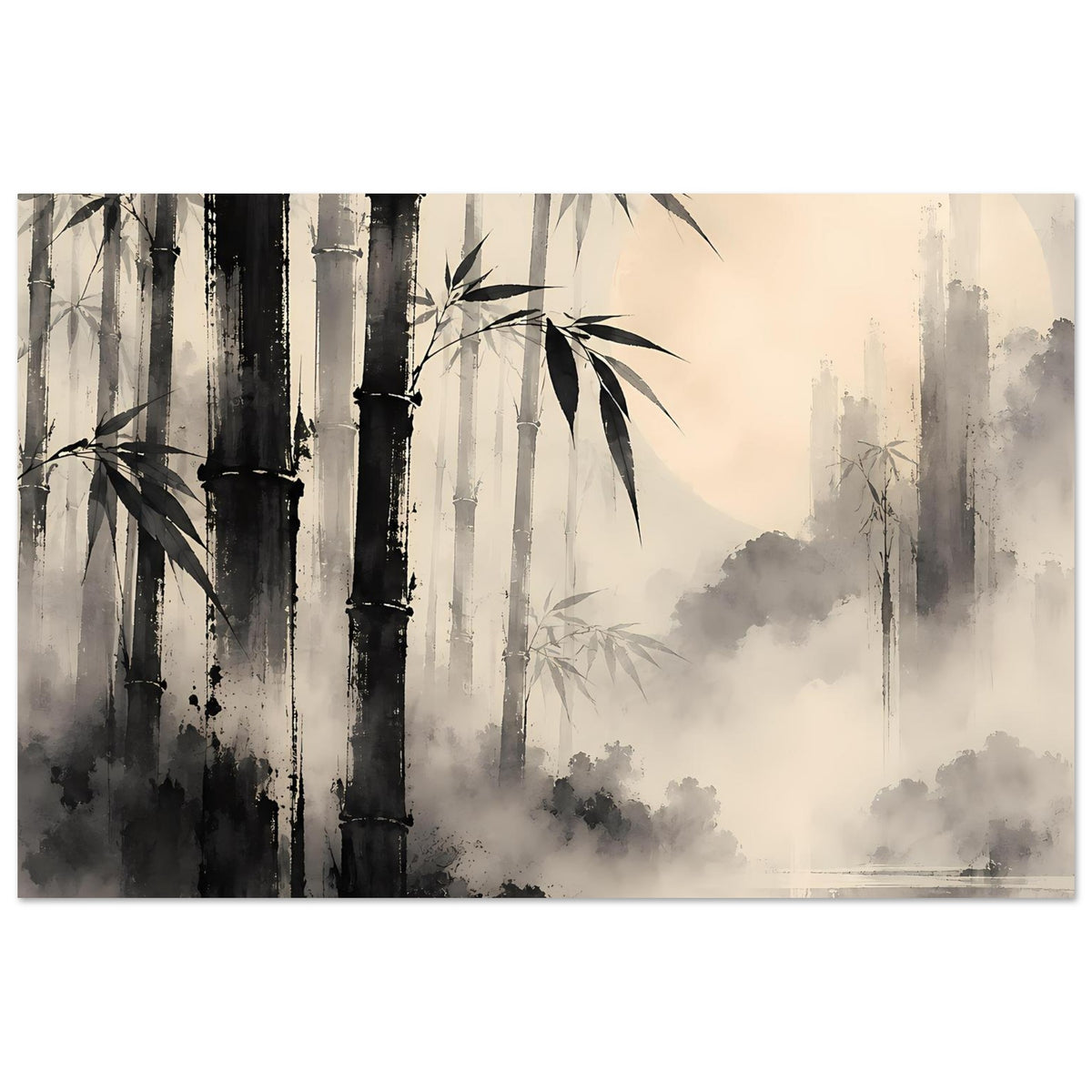 Bambuswald-Poster: schwarze Bambusstämme, grauer Nebel und heller Himmel im Schwarz-Weiß-Stil