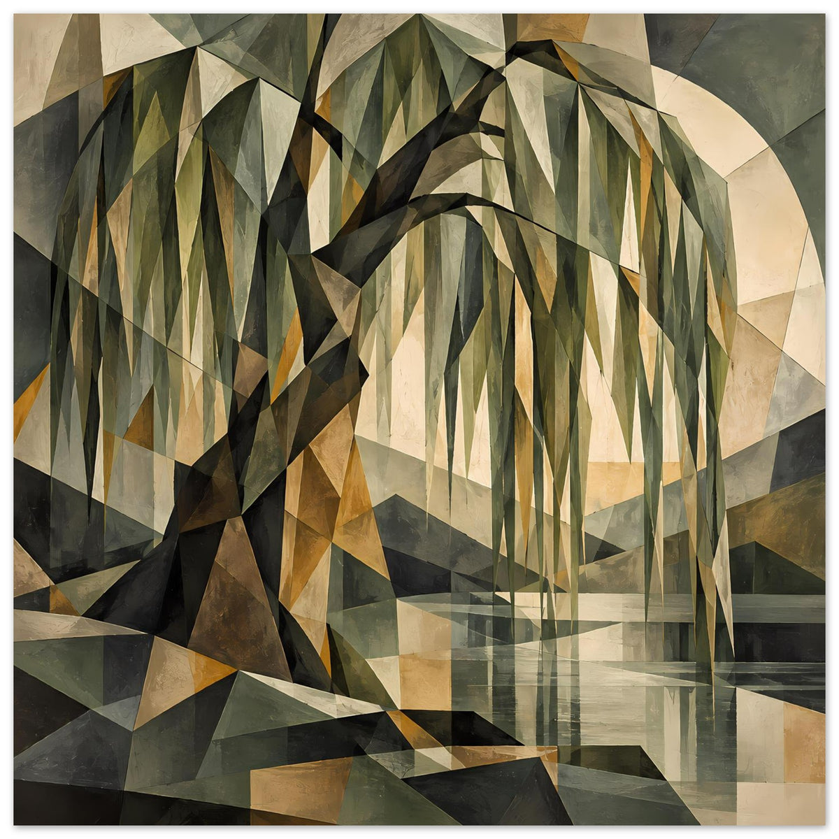 Geometrisches Poster mit Baum und Dreiecksoptik, erdige Grün-, Beige- und Grautöne