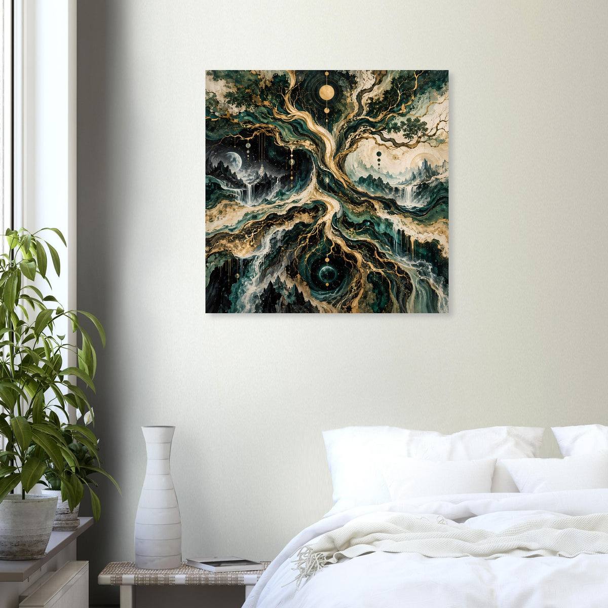 Gerahmtes Poster: zentraler Baum im Kosmos, blaugrüne Farben, helle Wolken und goldene Linien