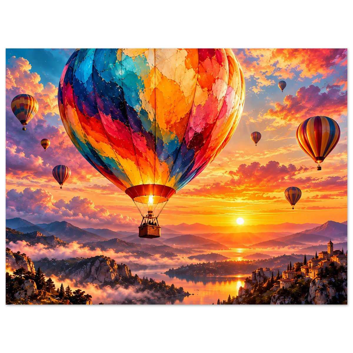 Poster mit Heißluftballons über einer Sonnenuntergangslandschaft, buntes Motiv.