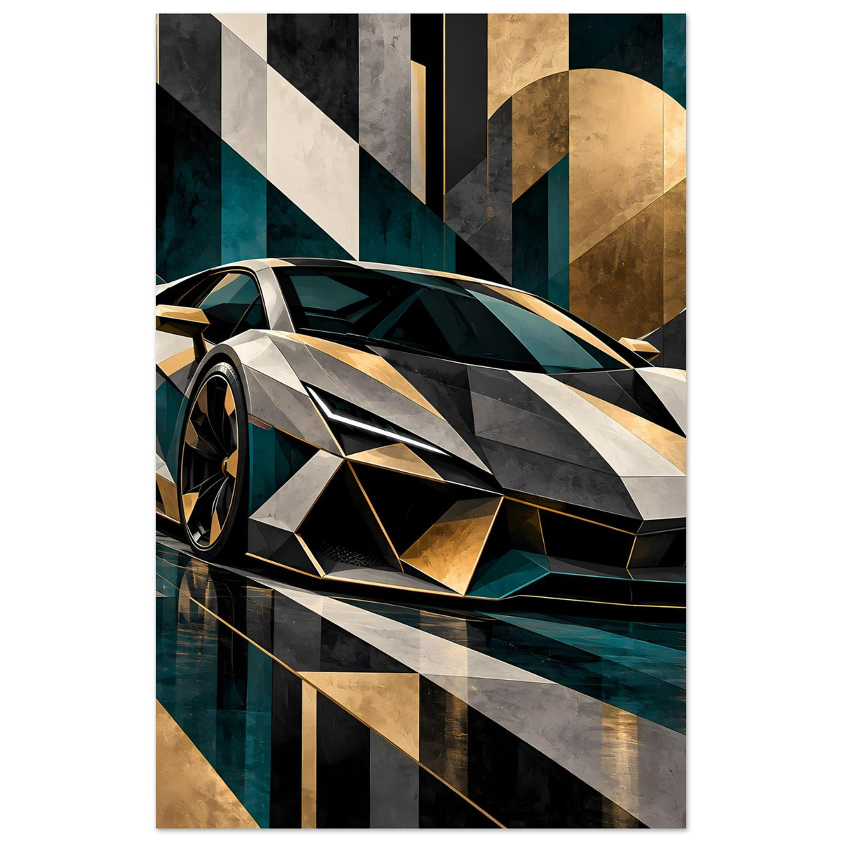 Autoposter mit Sportwagen in 3/4-Frontansicht, silber-schwarz, gold und petrol