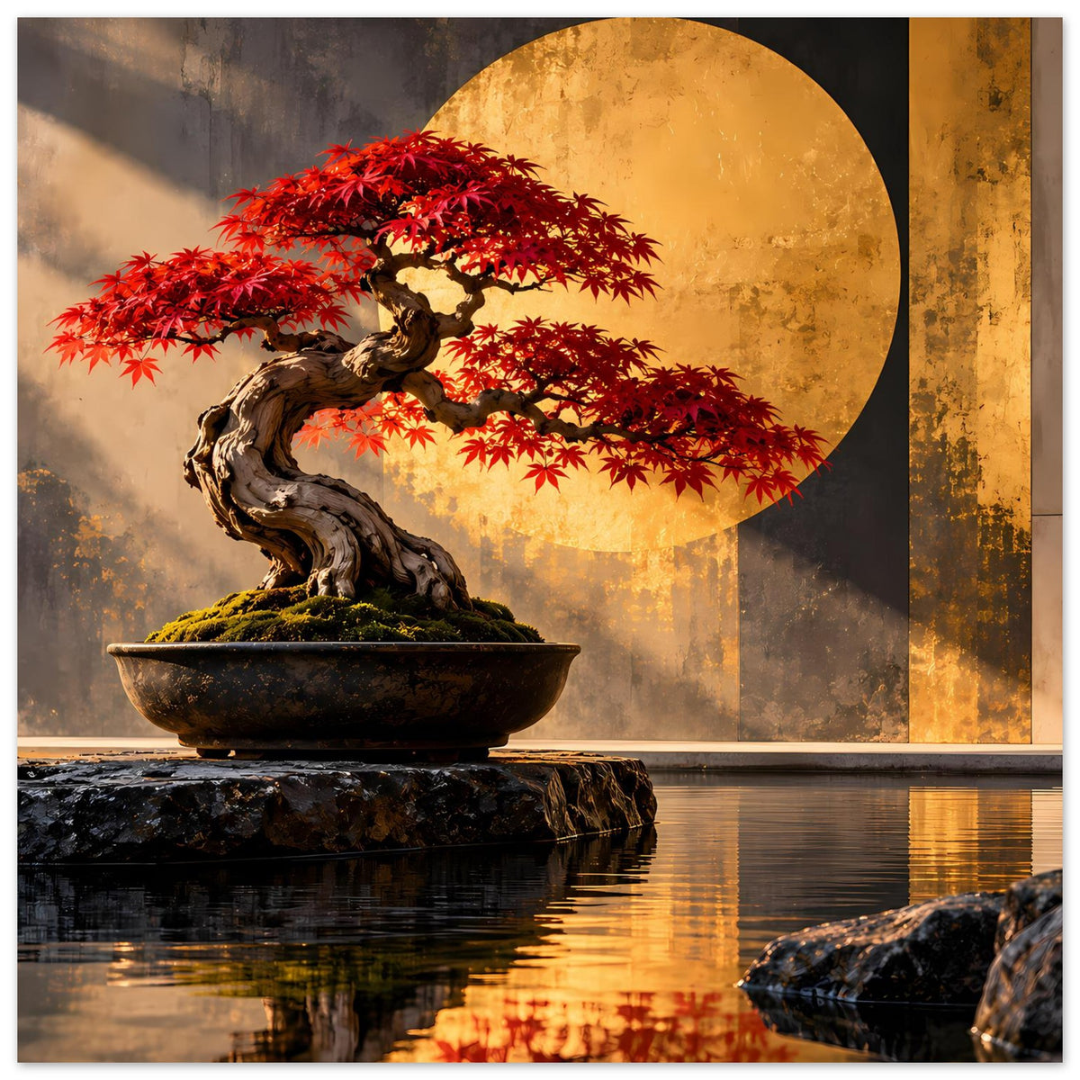 Bonsai-Poster: roter Ahorn auf dunklem, gedrehtem Stamm, runde Sonne und Spiegelung